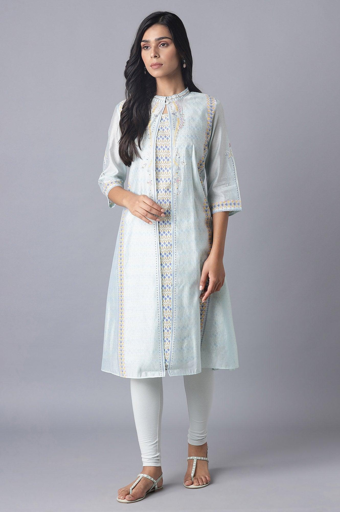 Ecru Printed Jacket Style kurta with Inner & Tights - wforwoman