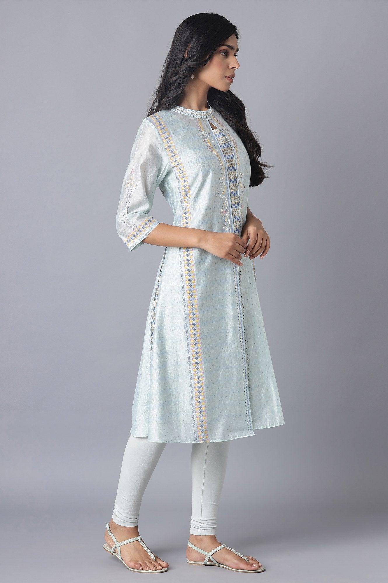 Ecru Printed Jacket Style kurta with Inner & Tights - wforwoman