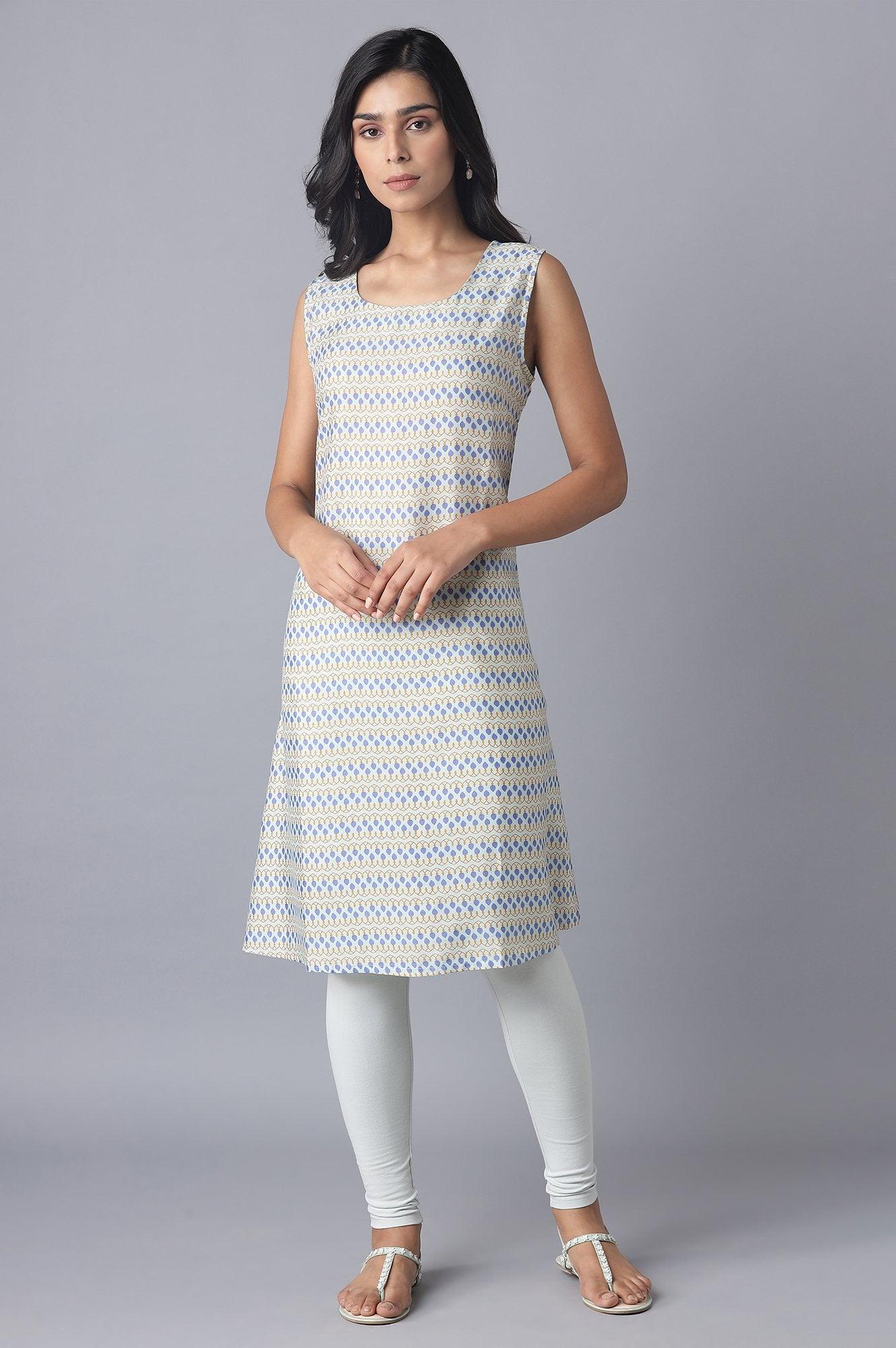 Ecru Printed Jacket Style kurta with Inner & Tights - wforwoman