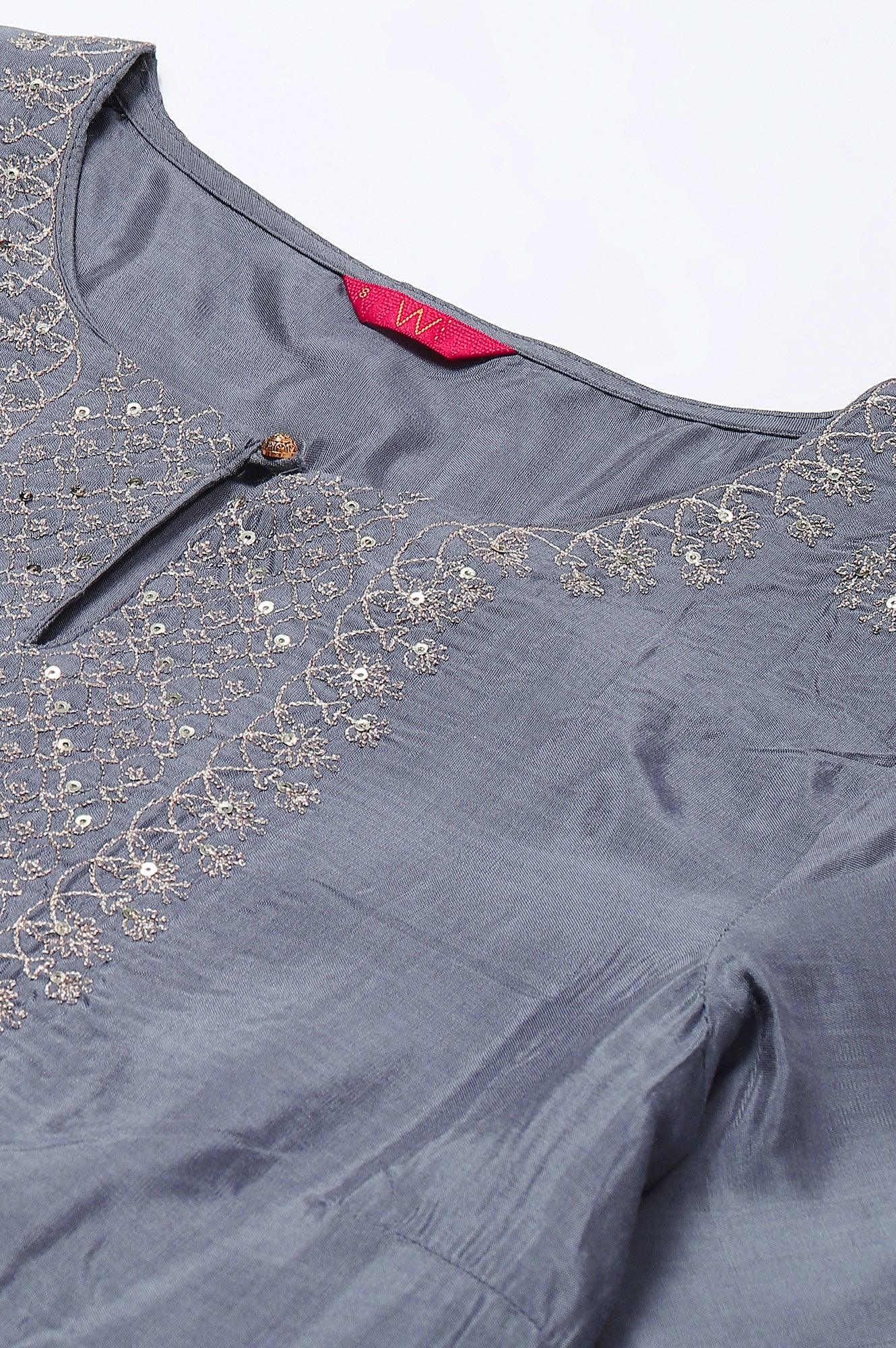 Blue Embroidered Straight kurta-Parallel Pants-Dupatta Set - wforwoman