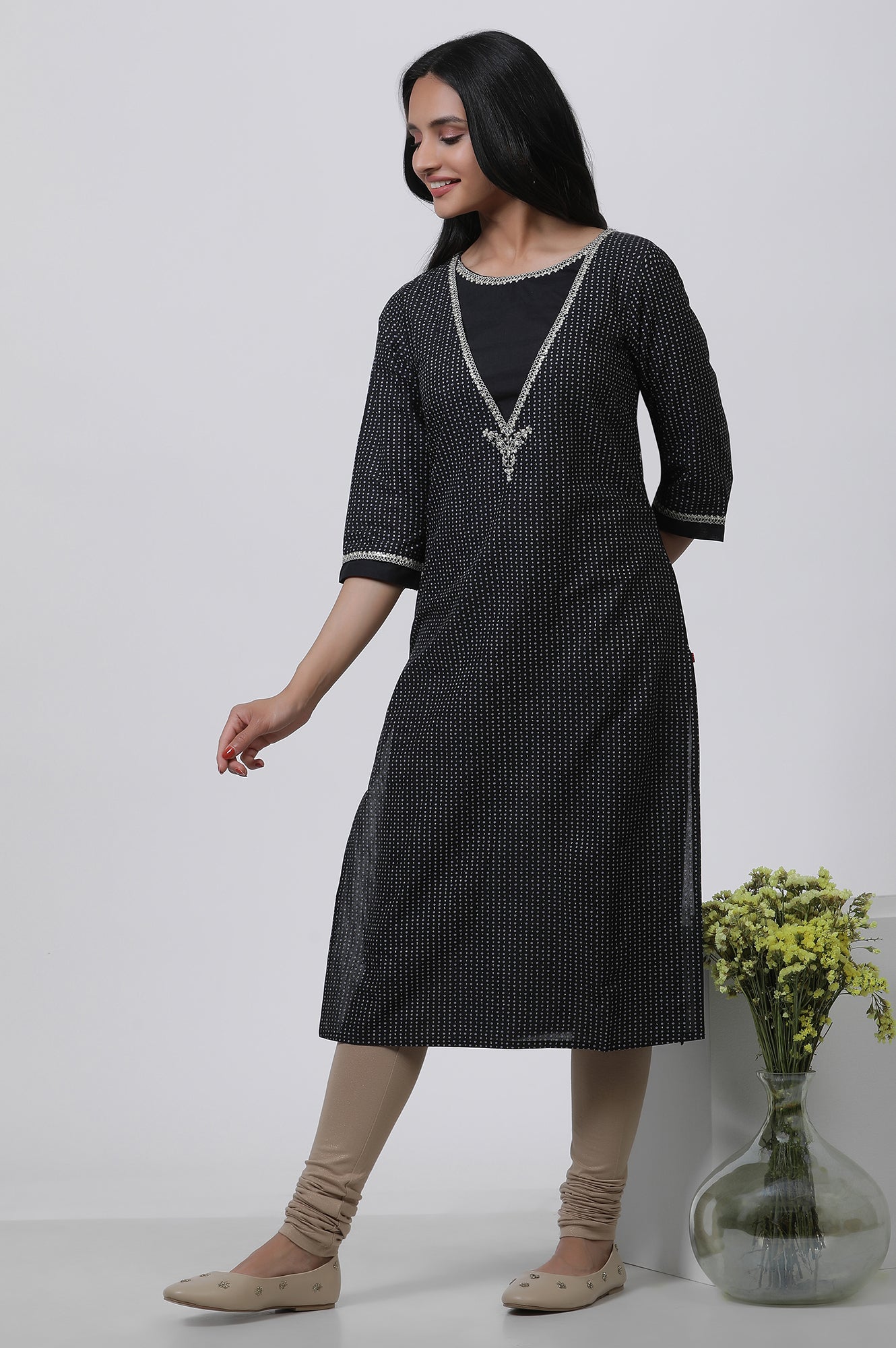 Black Embroidered Straight Kurta And Churidar Set