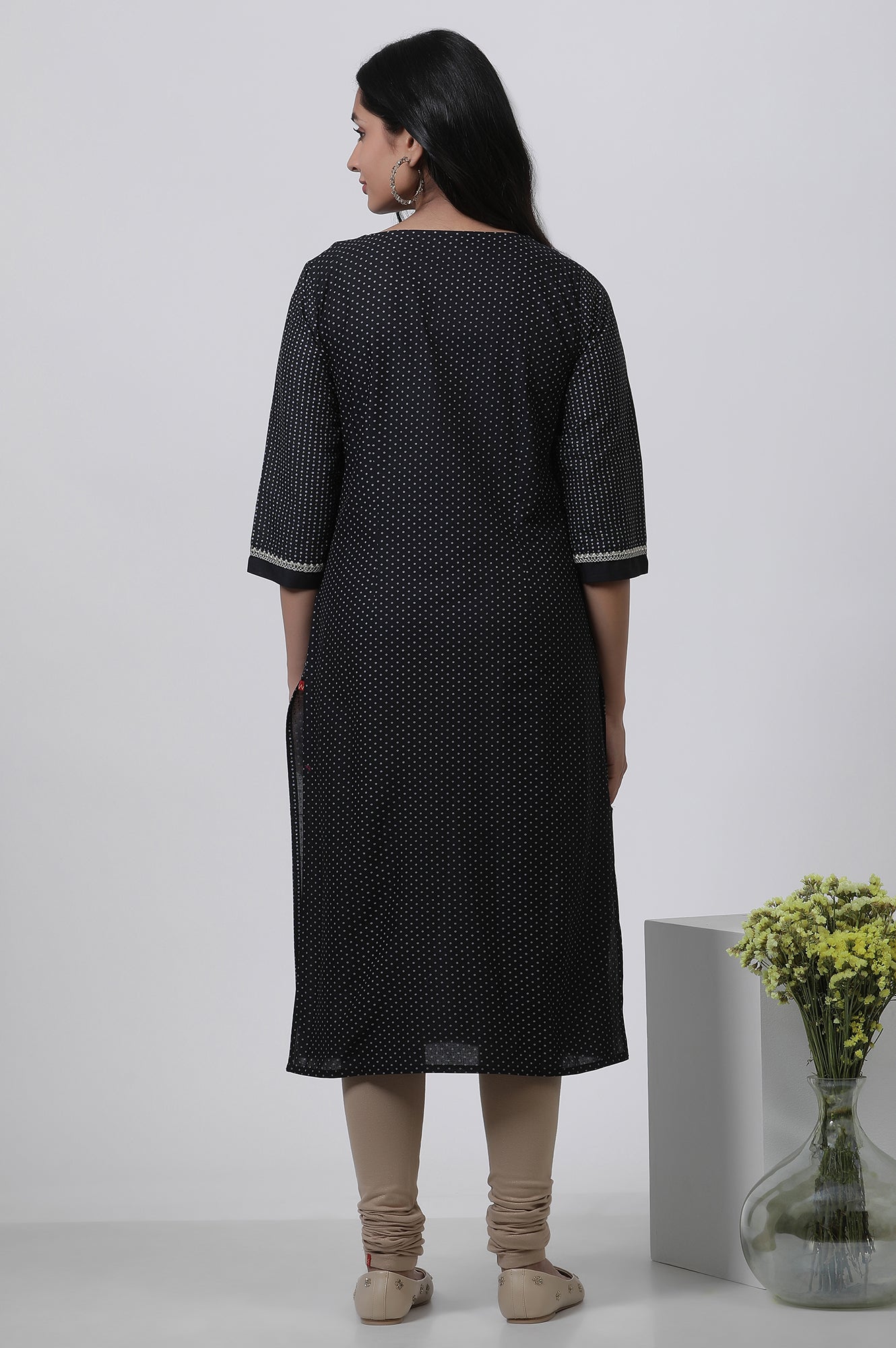 Black Embroidered Straight Kurta And Churidar Set