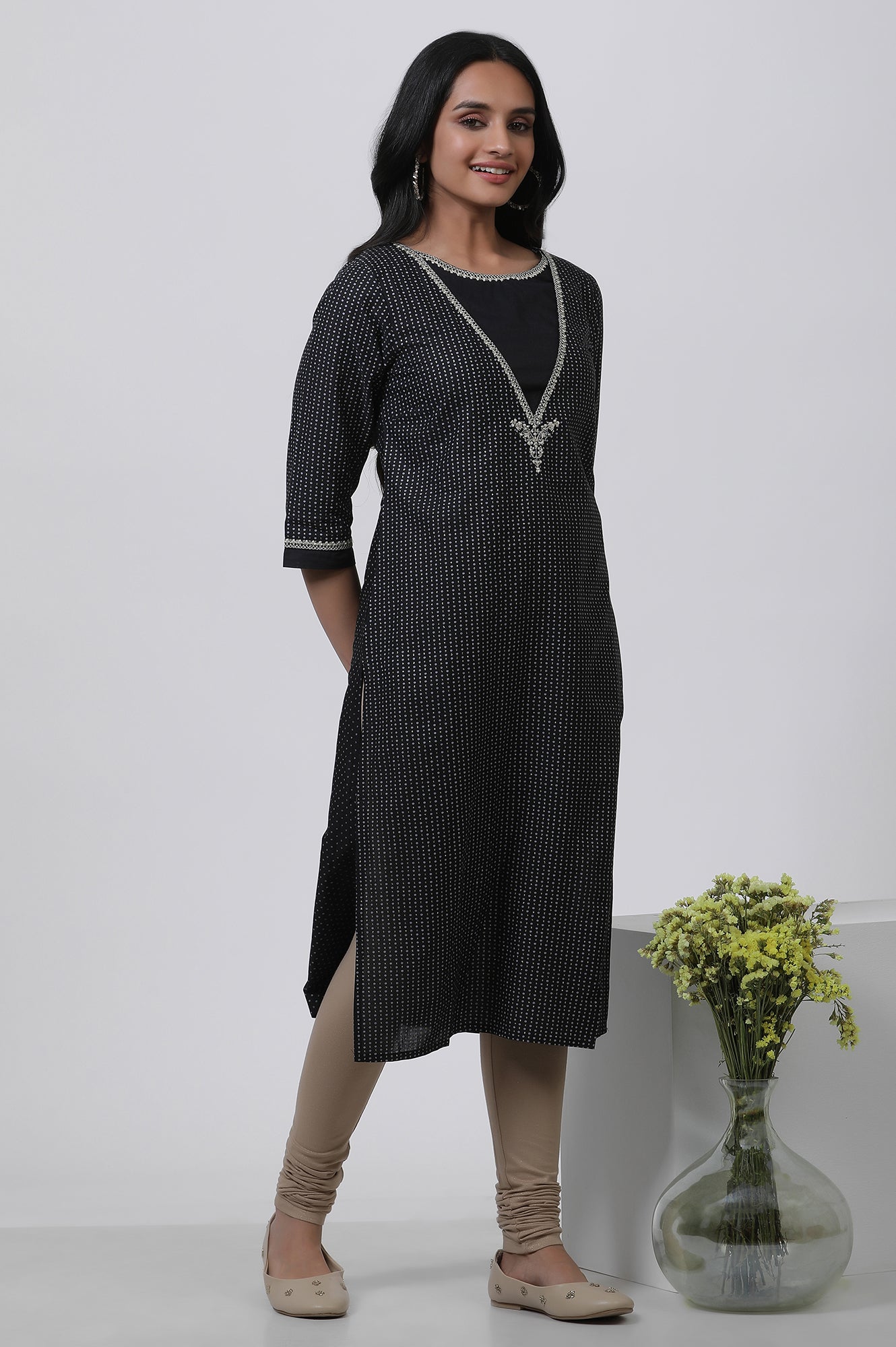 Black Embroidered Straight Kurta And Churidar Set