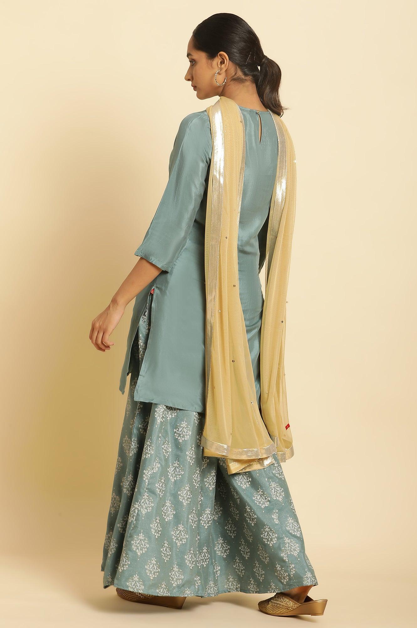 Blue Embroidered Round Neck kurta-Printed Culottes-Dupatta Set - wforwoman