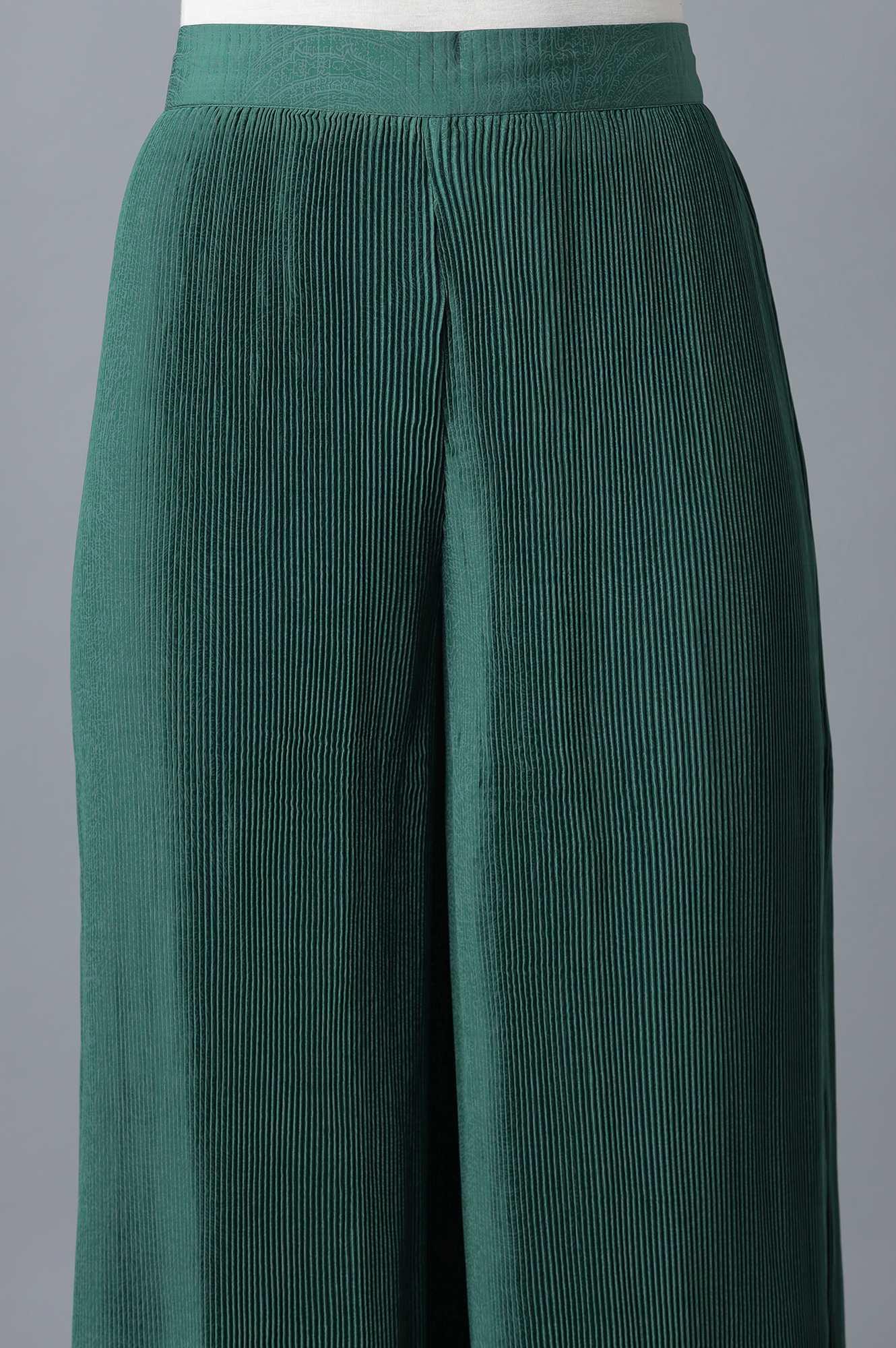 Deep Green Pleated kurta-Parallel Pants Set - wforwoman