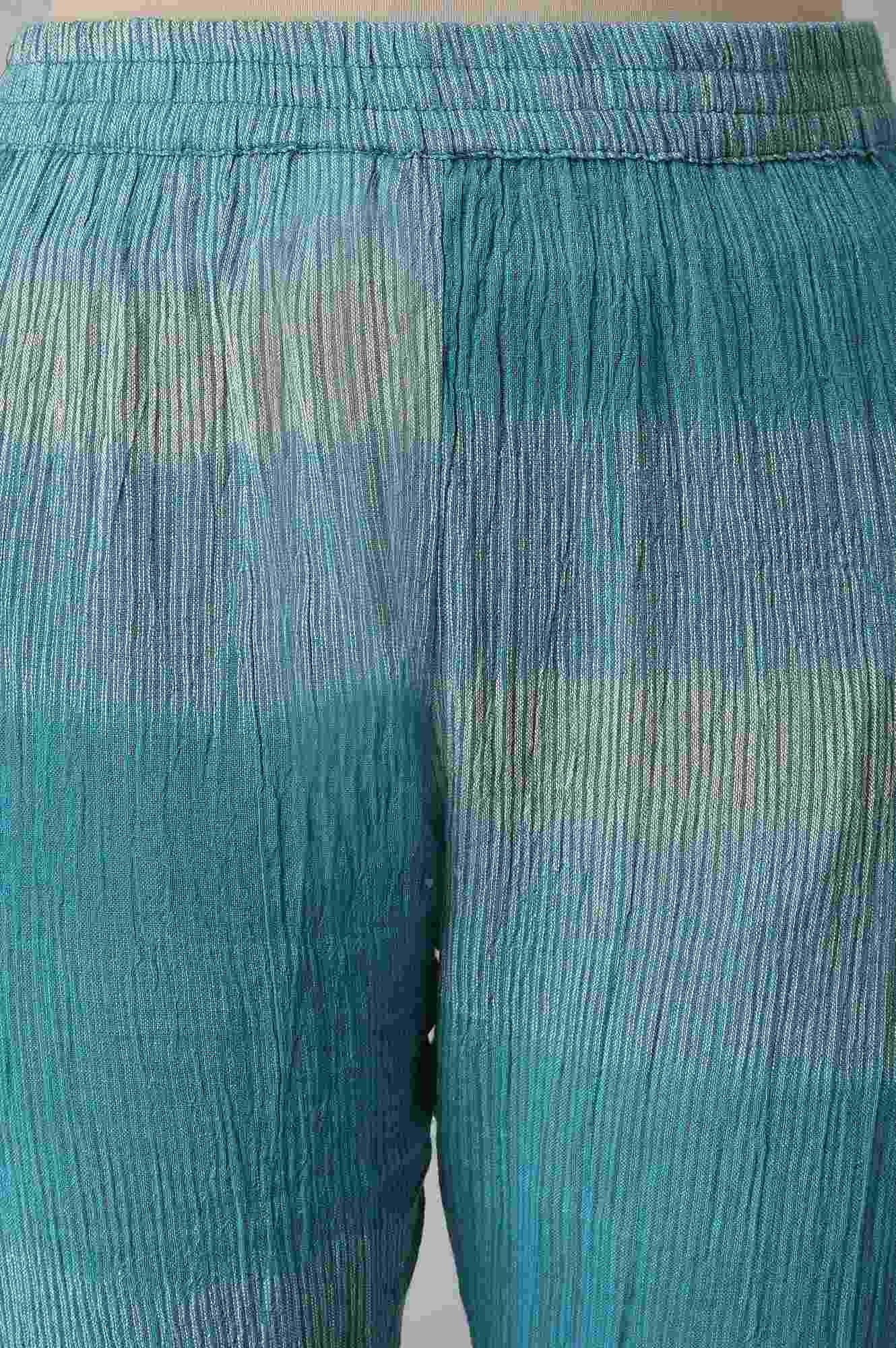 Teal Yarn-Dyed Ikkat Crepe kurta And Straight Pants Set - wforwoman