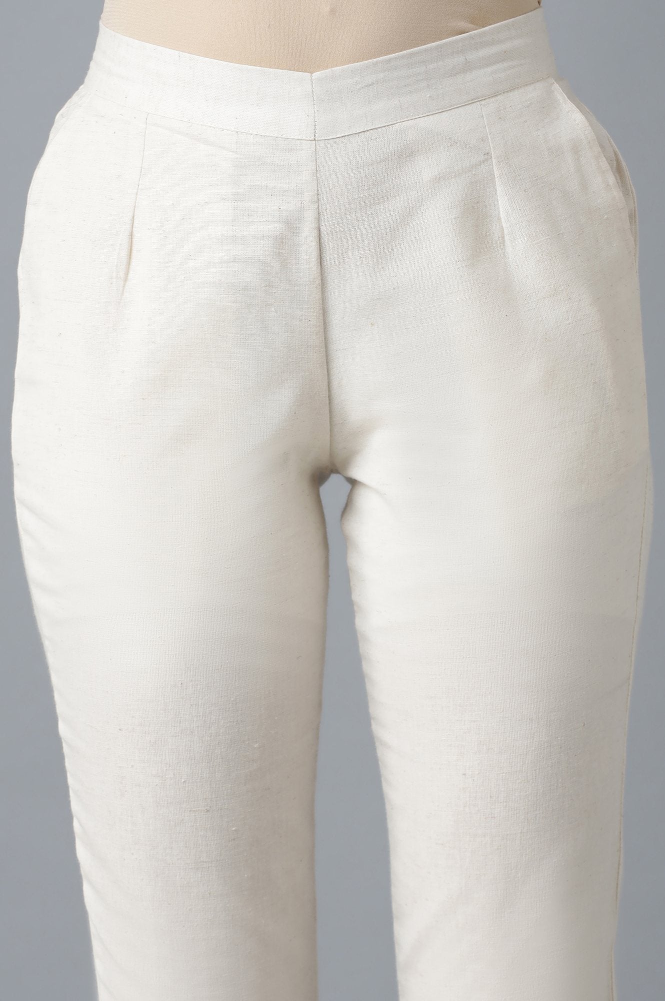 Beige Solid Straight Fit Cotton Trousers With Elasticated Waist