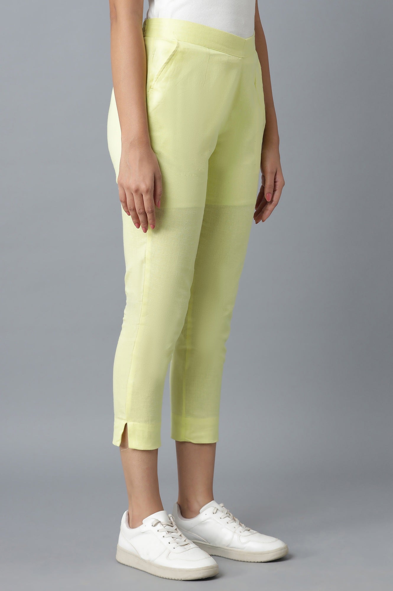 Yellow Solid Straight Fit Cotton Trousers With Elasticated Waist