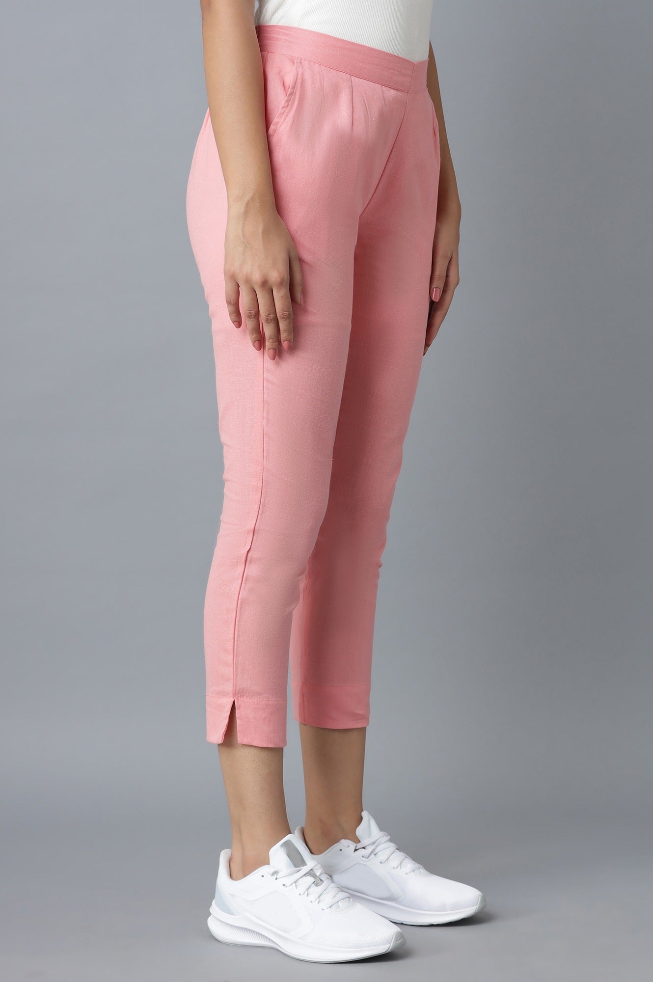 Pink Solid Straight Fit Cotton Trousers With Roll Up Hem