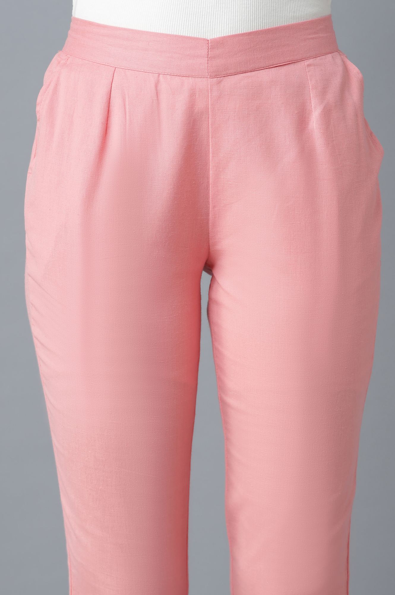 Pink Solid Straight Fit Cotton Trousers With Roll Up Hem