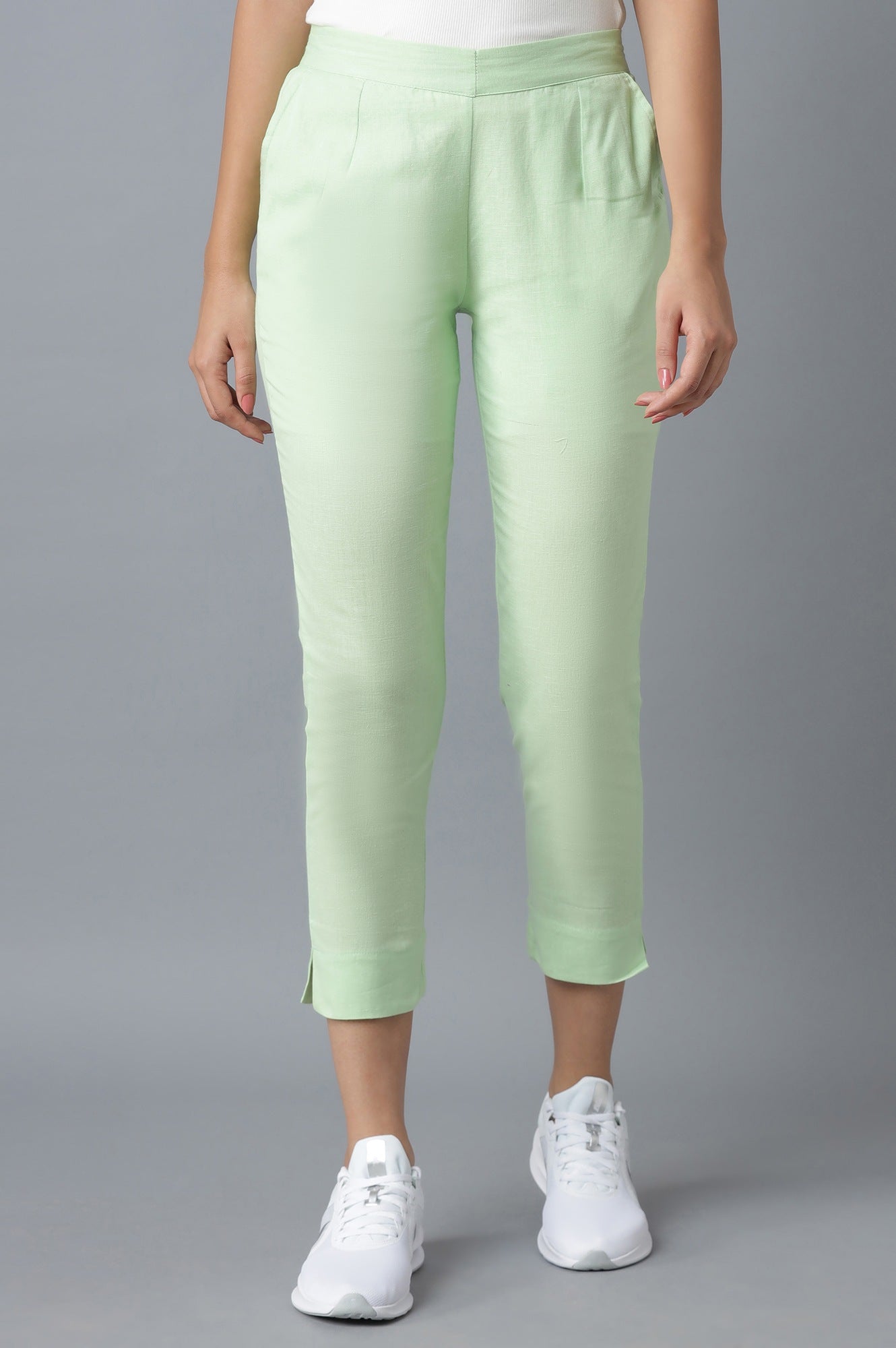 Light Green Solid Straight Fit Cotton Trousers With Elasticated Waist