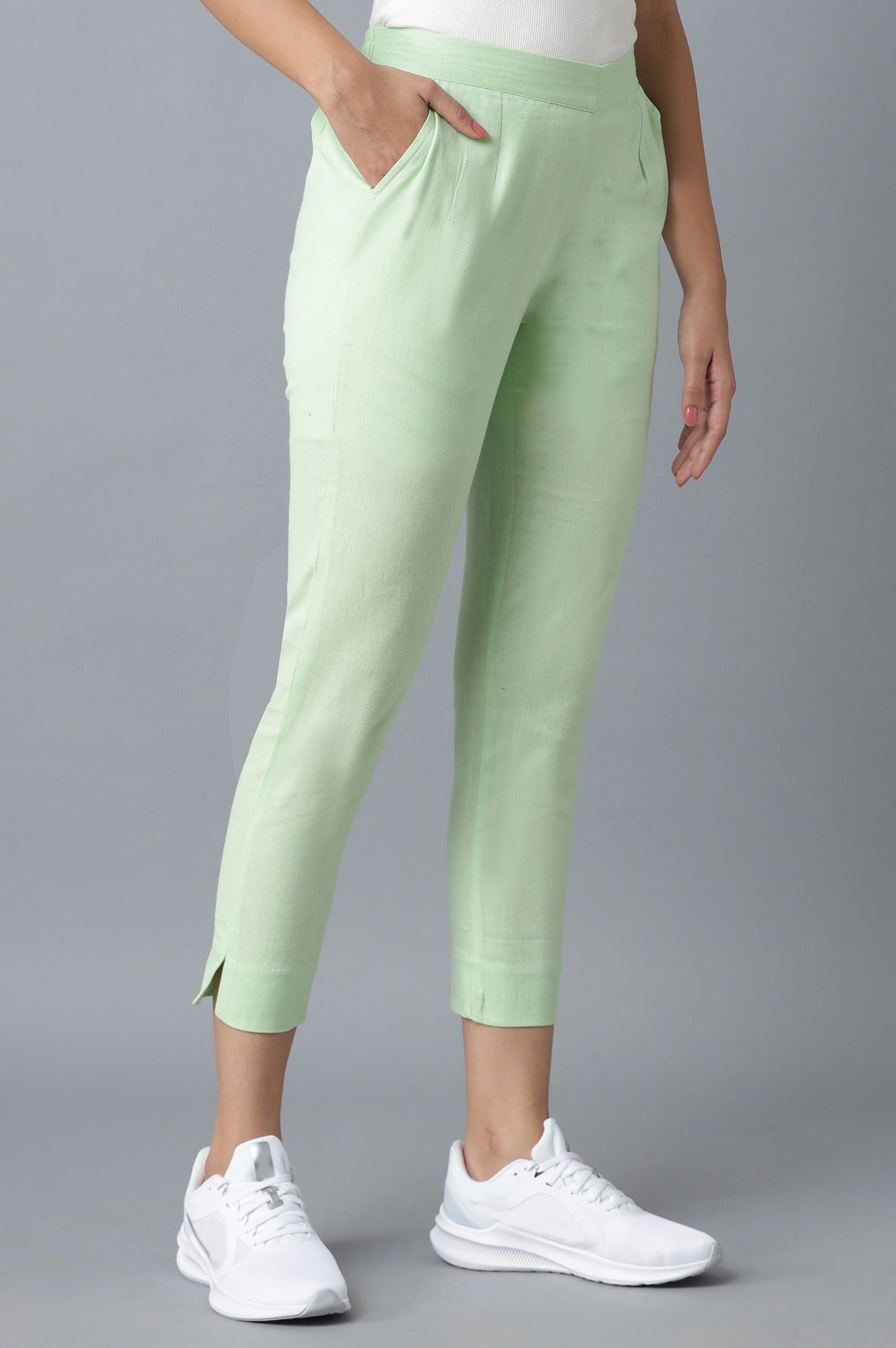 Light Green Solid Straight Fit Cotton Trousers With Elasticated Waist