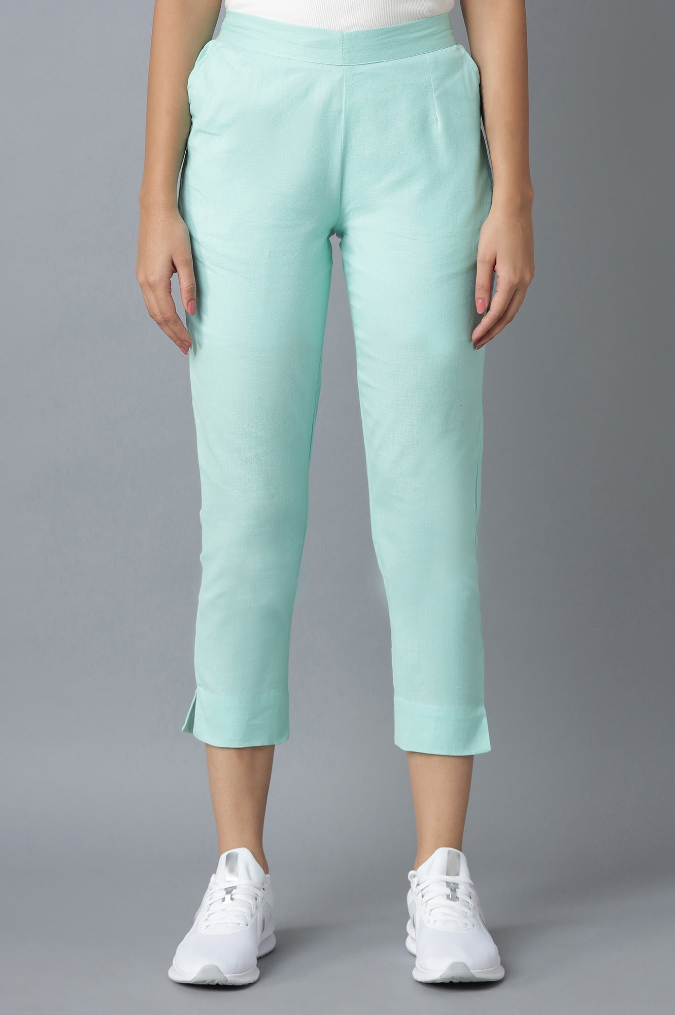 Light Blue Solid Straight Fit Cotton Trousers With Elasticated Waistband