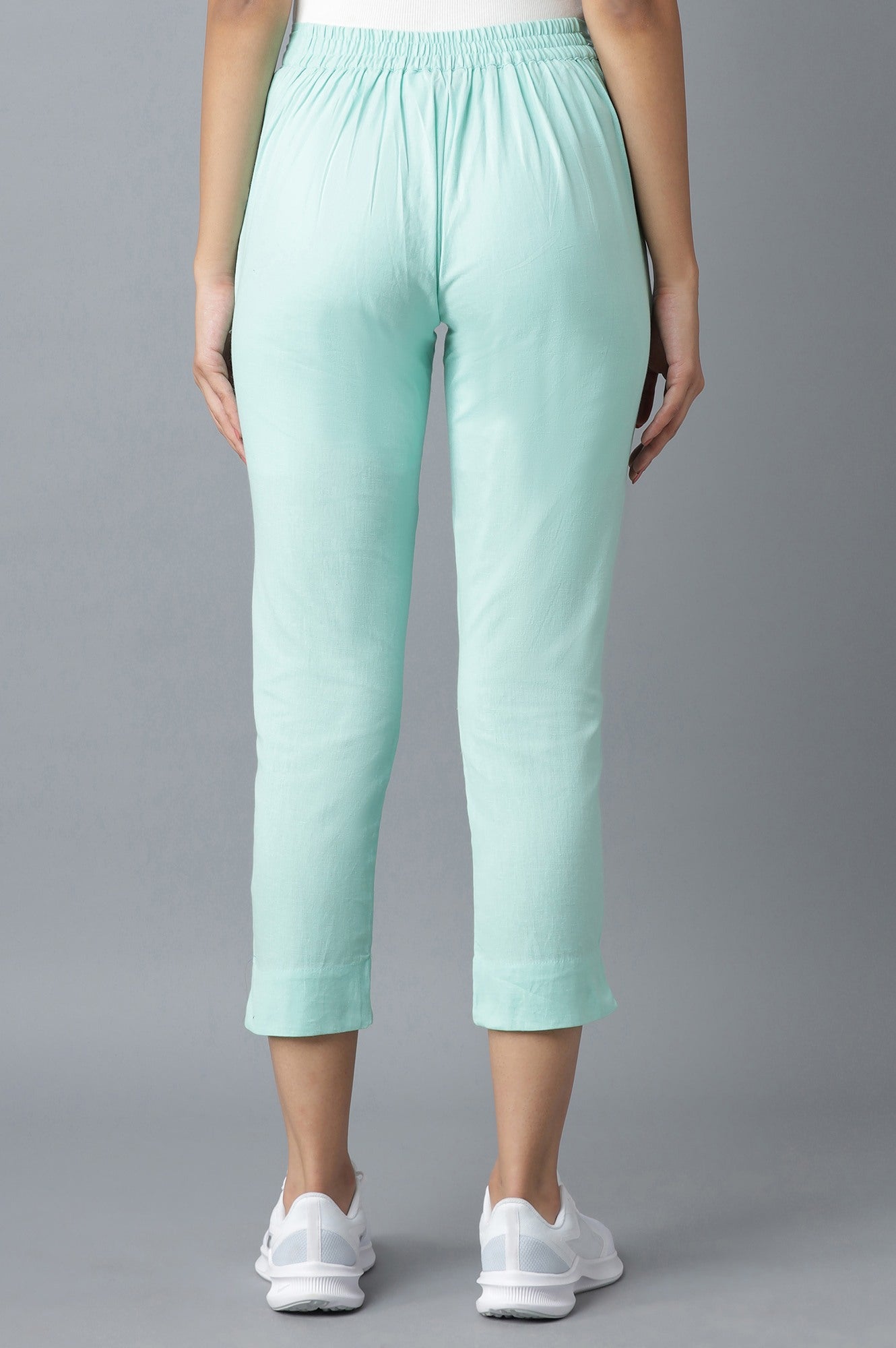Light Blue Solid Straight Fit Cotton Trousers With Elasticated Waistband