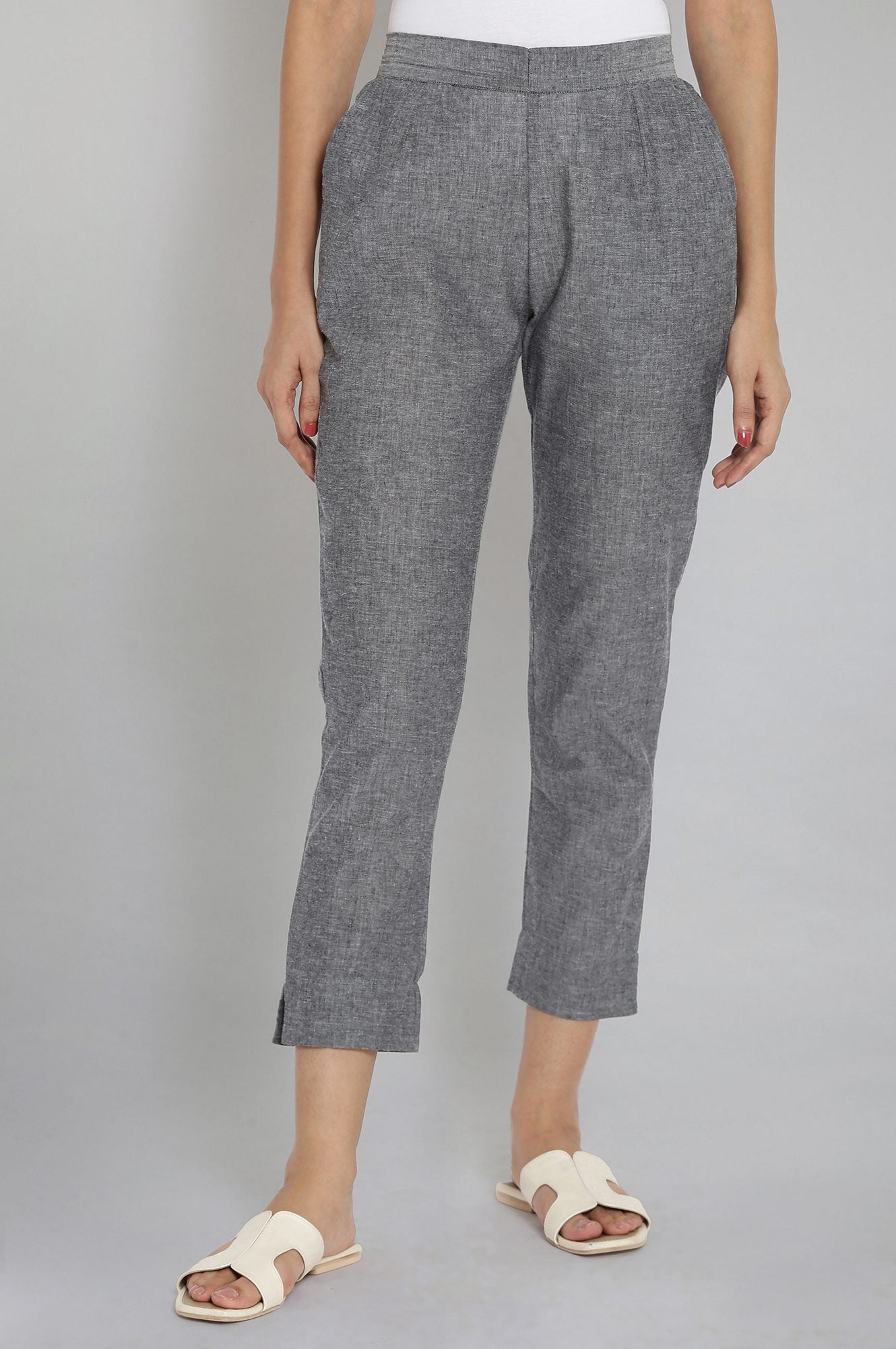Grey Solid Straight Fit Cotton Trousers With Elasticated Waistband