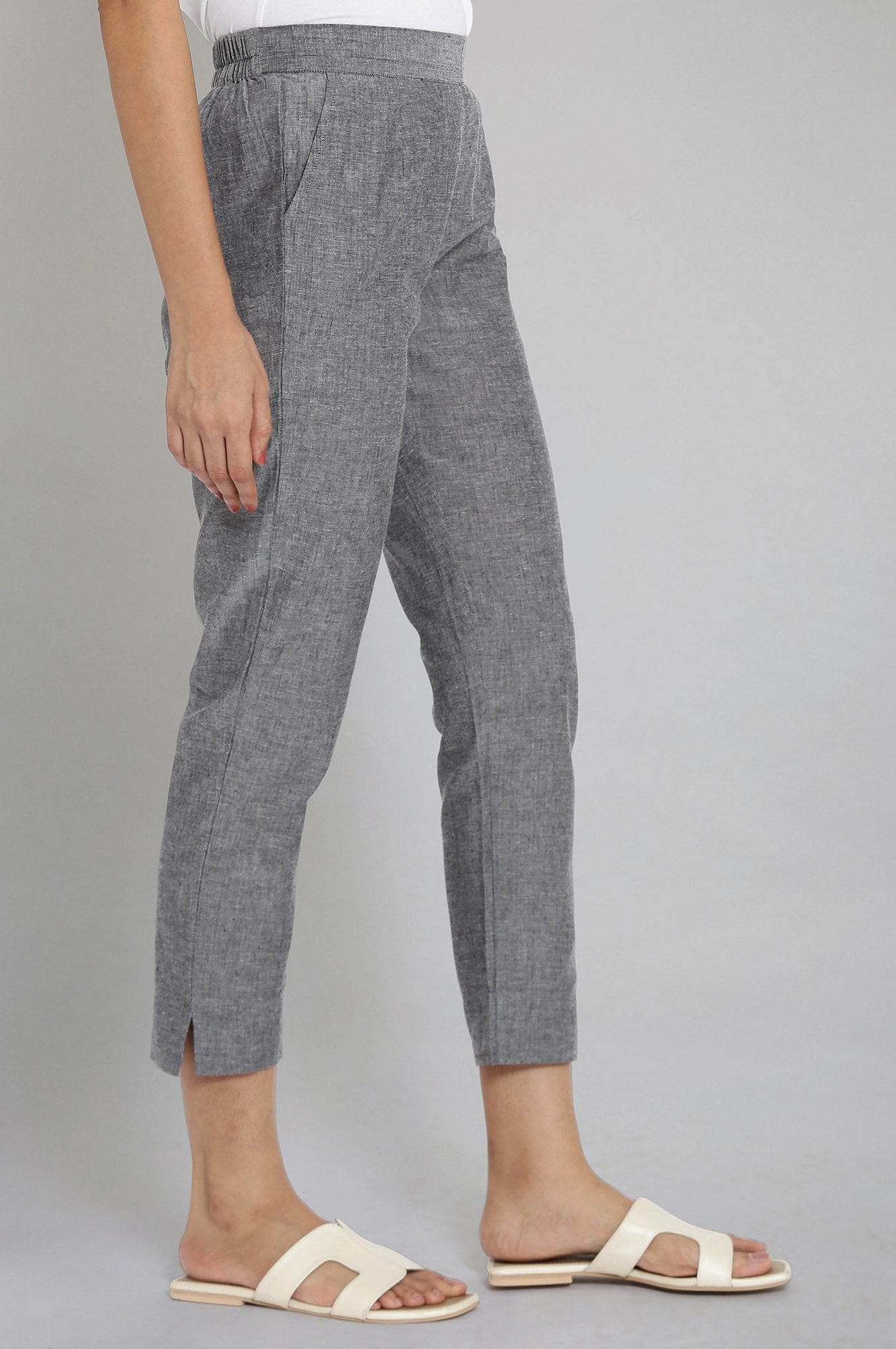Grey Solid Straight Fit Cotton Trousers With Elasticated Waistband