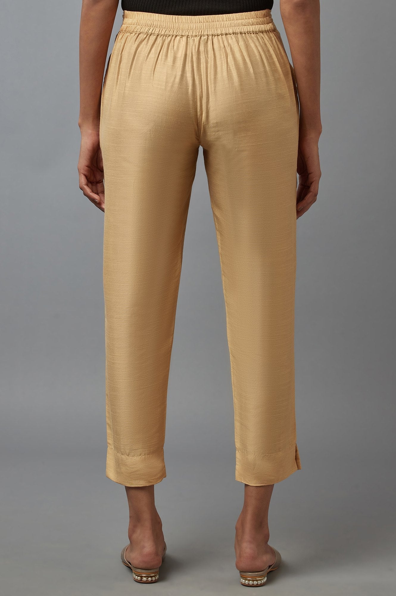 Gold Solid Straight Fit Woven Trousers With Elasticated Waistband