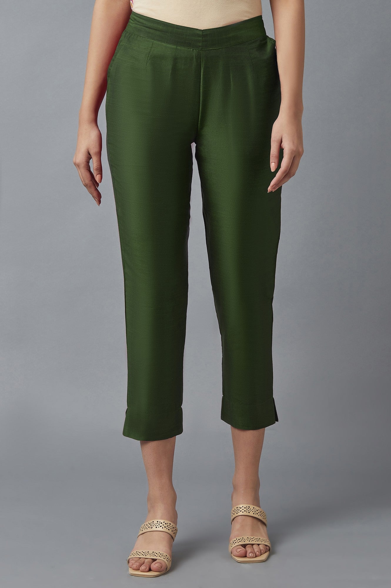 Muted Sage Green Solid Straight Fit Woven Trousers With Elasticated Waistband