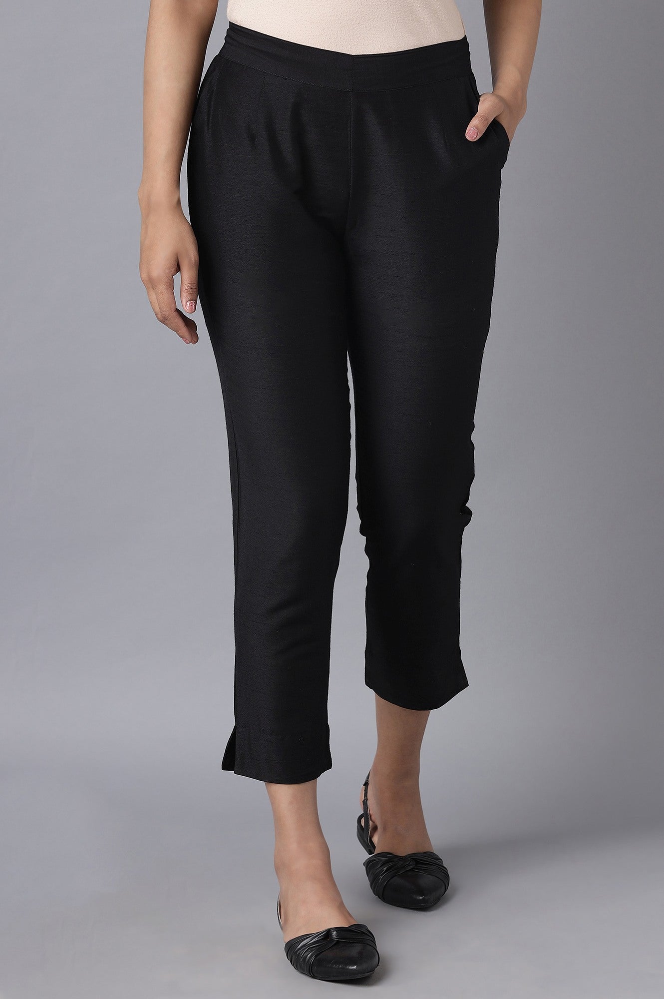 Black Solid Straight Fit Trousers With Elasticated Waist