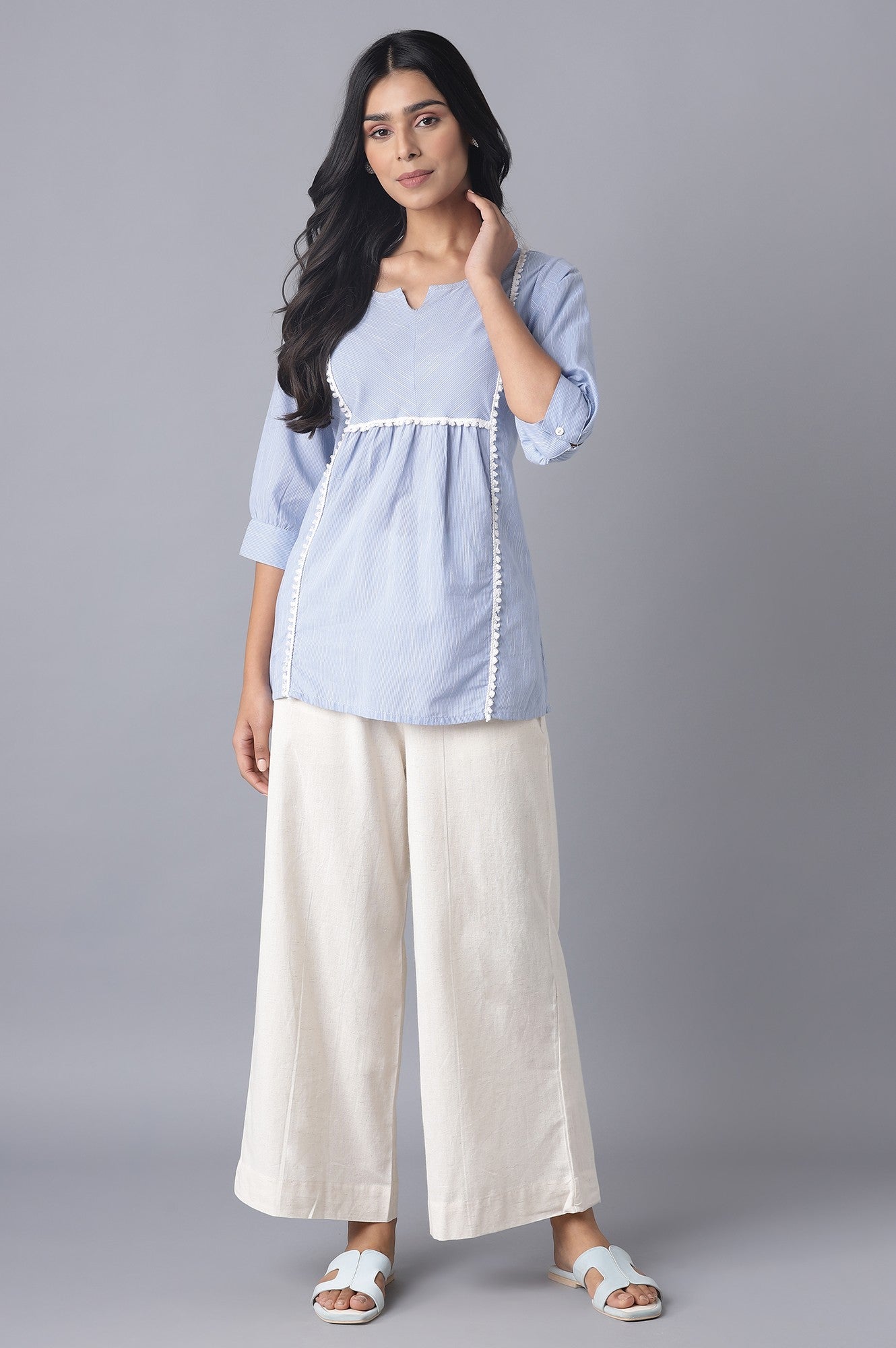 Off White Solid Wide Leg Tencel Palazzo With Elasticated Waist