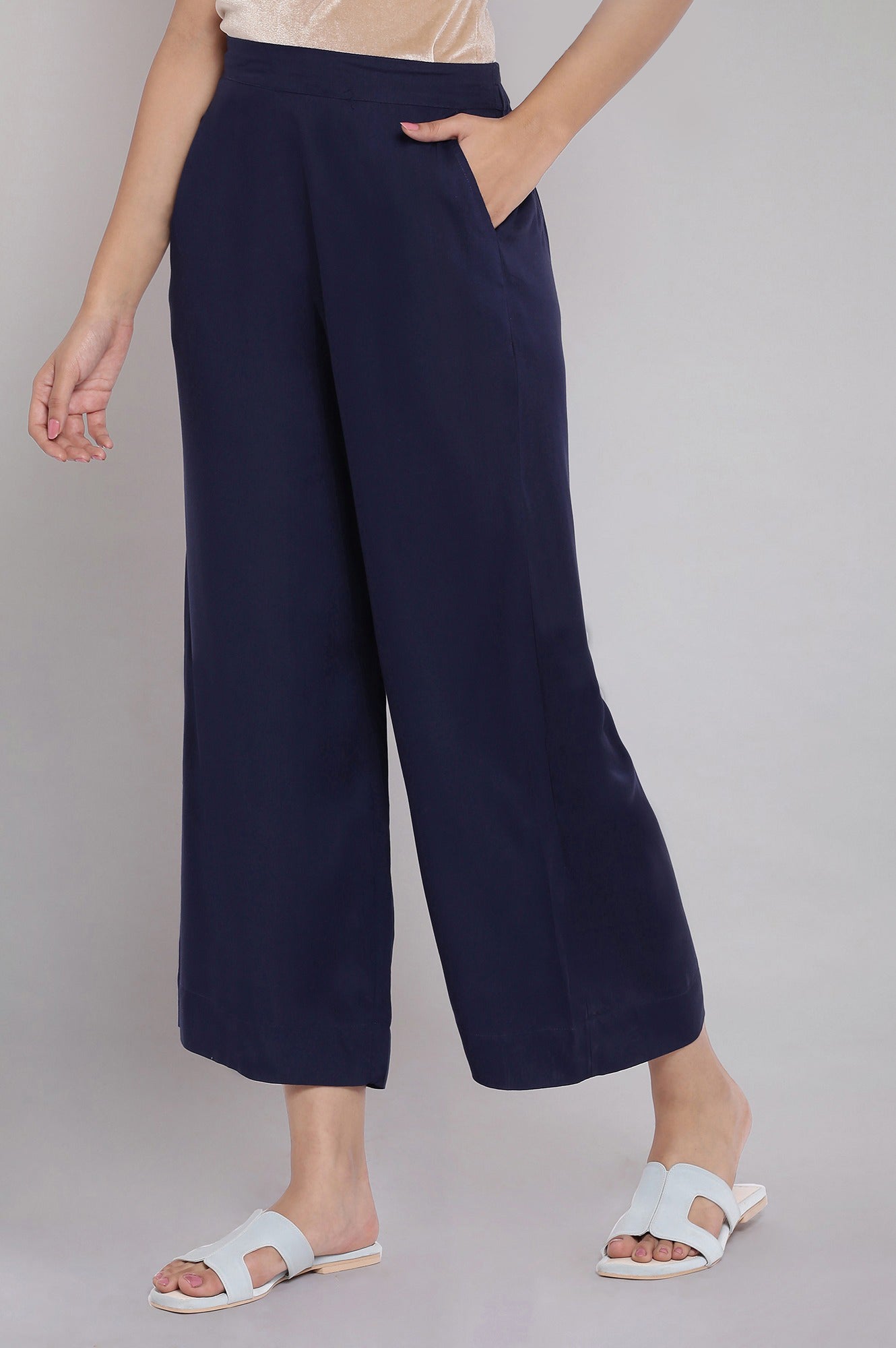Navy Blue Solid Straight Fit Tencel Palazzo With Elasticated Waist