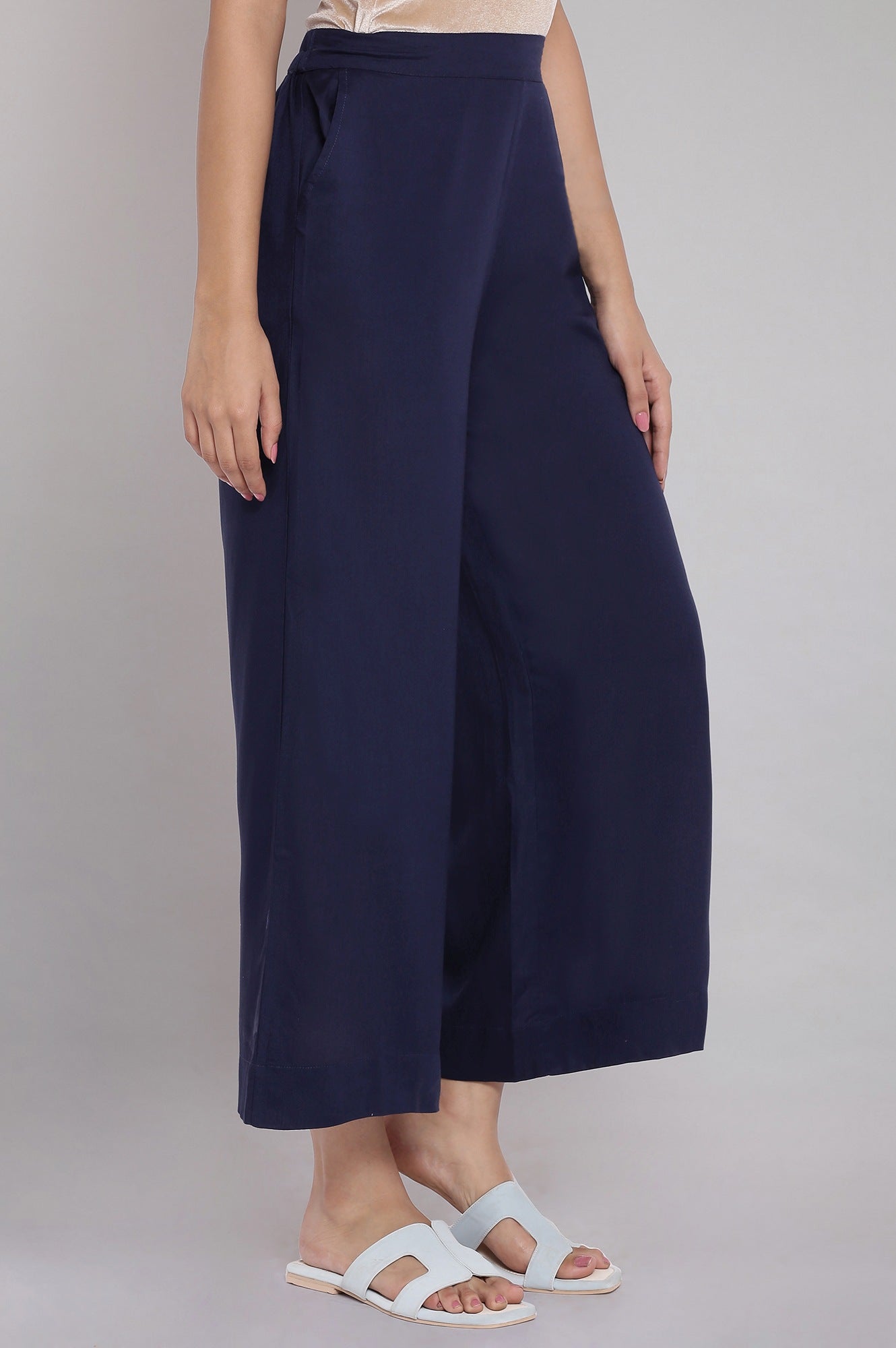 Navy Blue Solid Straight Fit Tencel Palazzo With Elasticated Waist