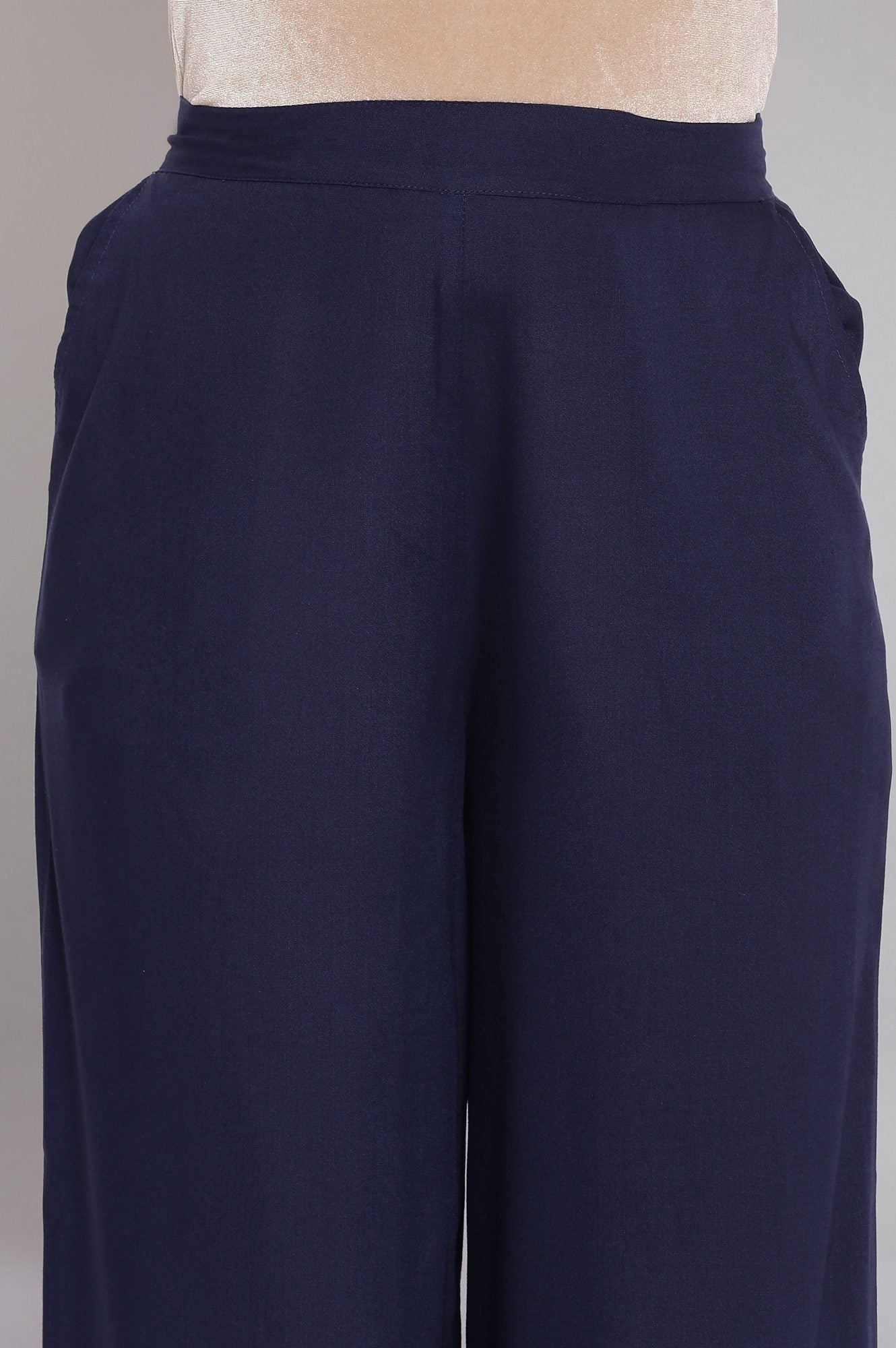 Navy Blue Solid Straight Fit Tencel Palazzo With Elasticated Waist