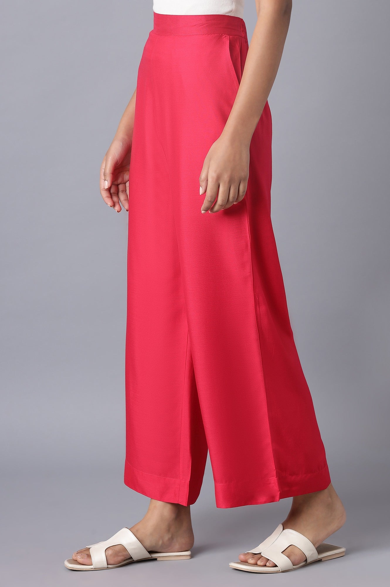 Pink Solid Straight Fit Tencel Palazzo With Elasticated Waistband