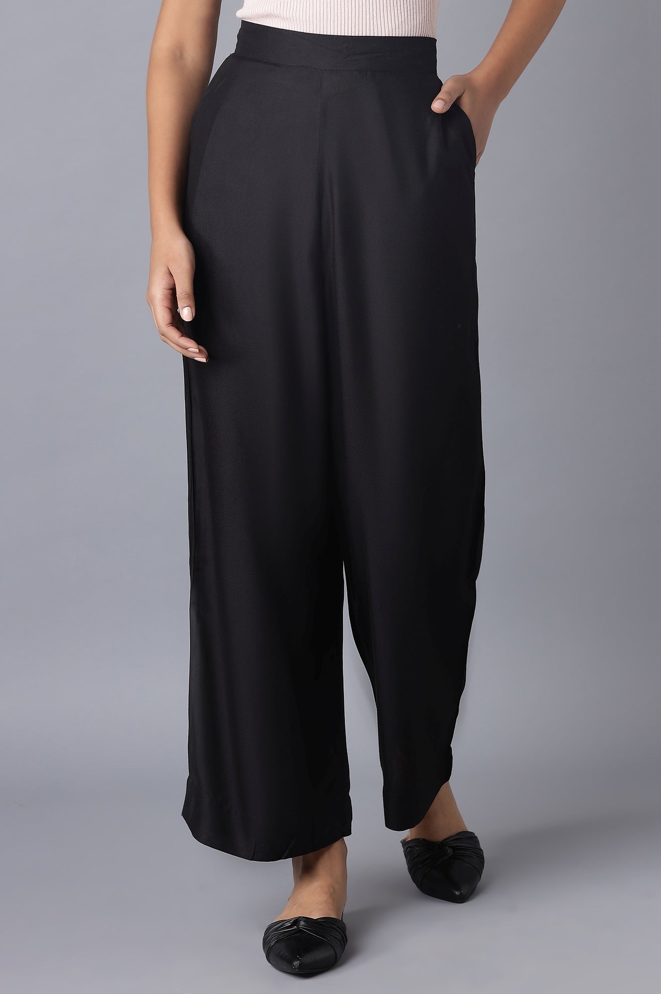 Black Solid Wide Leg Tencel Palazzo With Elasticated Waist