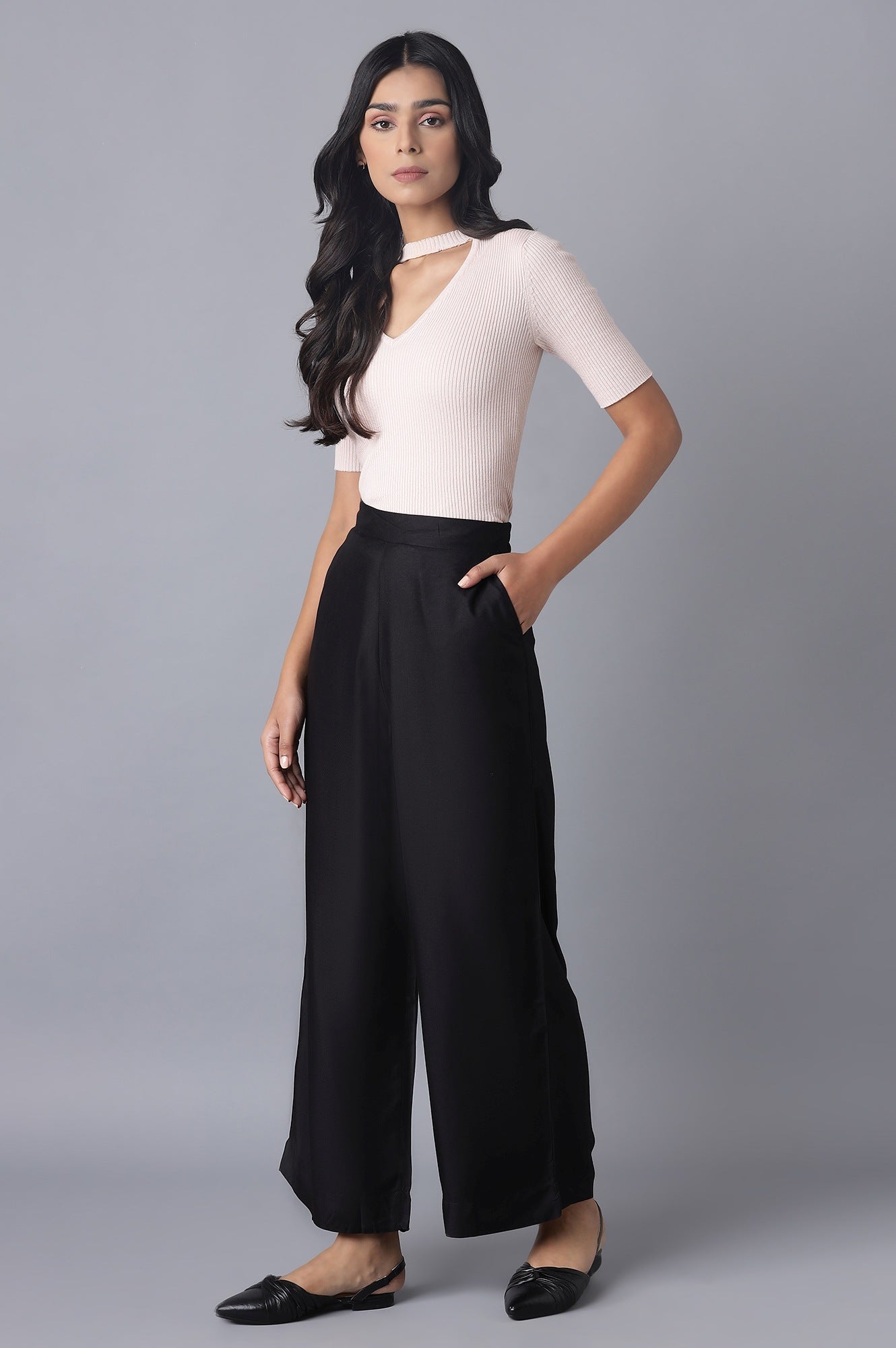 Black Solid Wide Leg Tencel Palazzo With Elasticated Waist