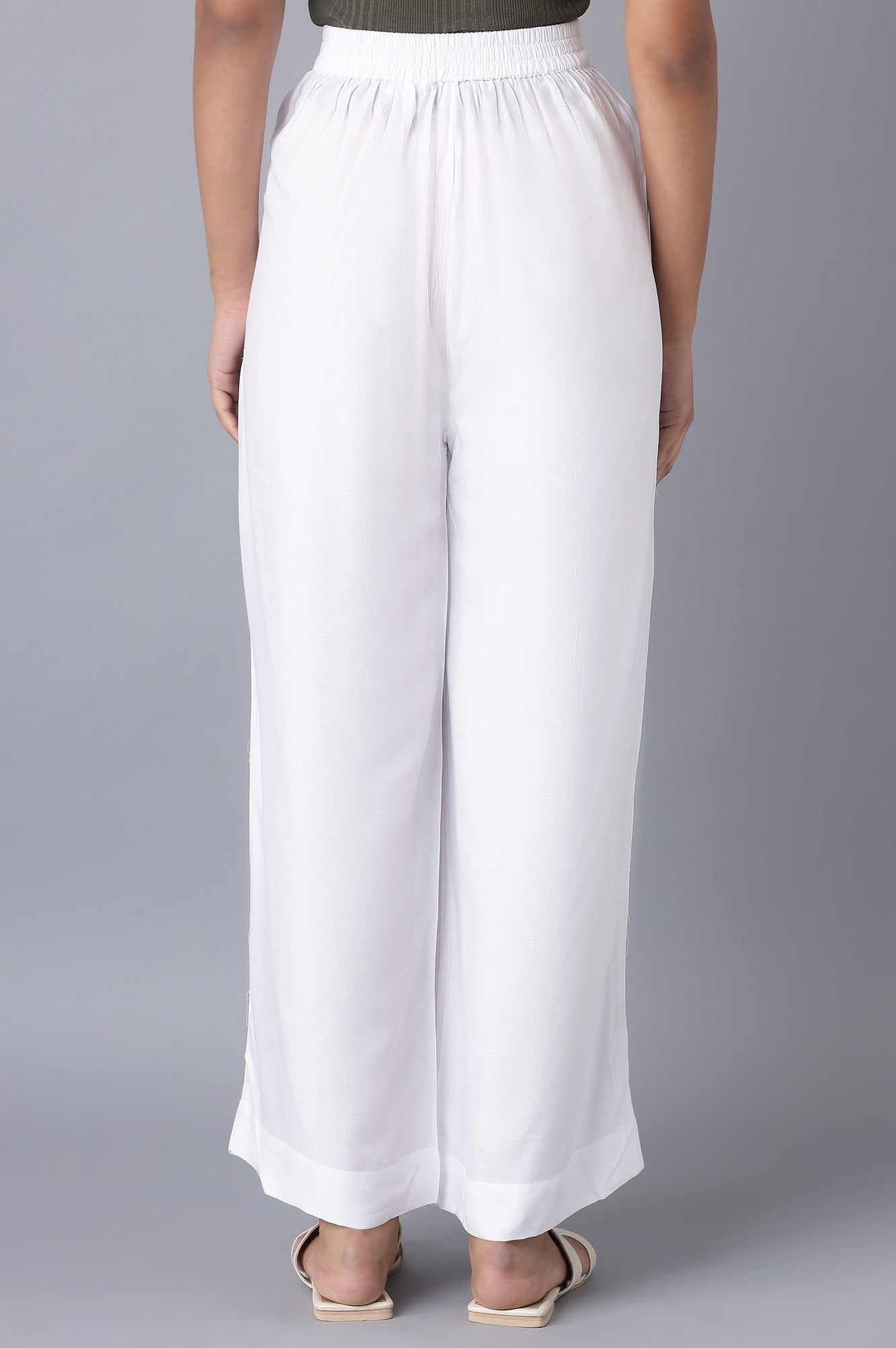 White Solid Wide Leg Tencel Trousers With Elasticated Waist