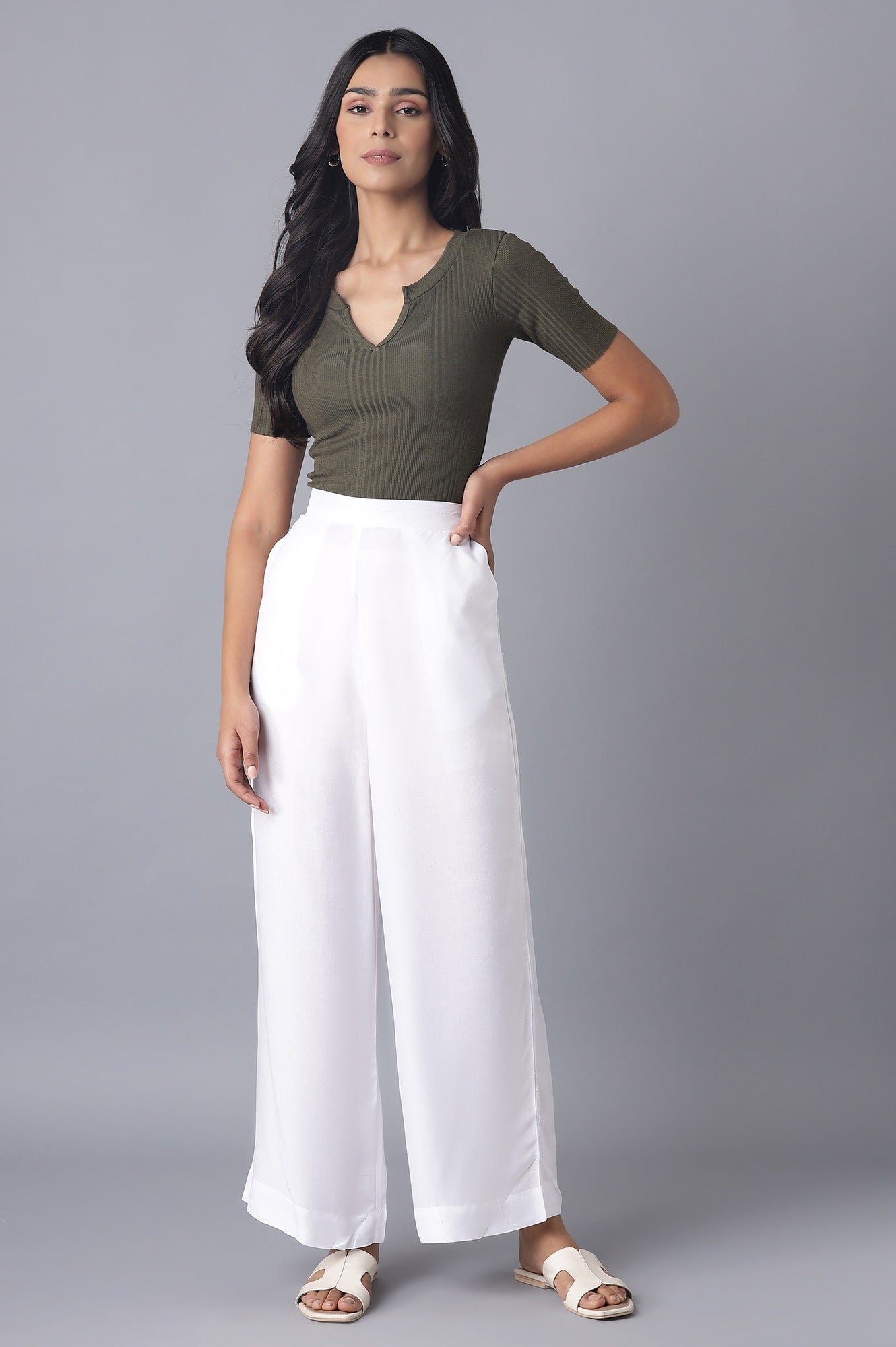 White Solid Wide Leg Tencel Trousers With Elasticated Waist