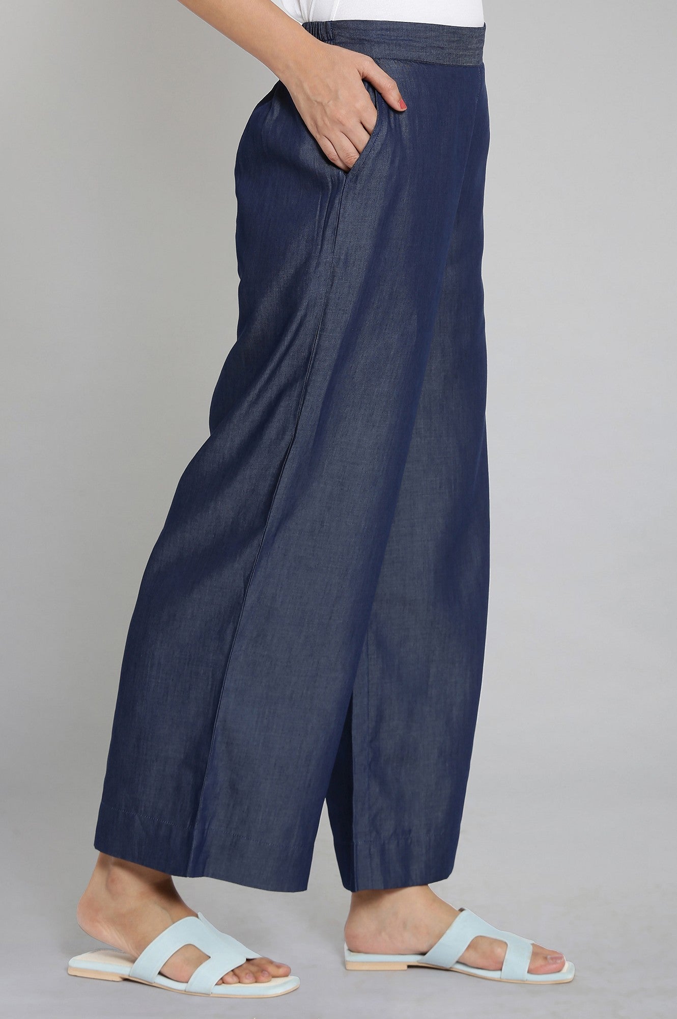 Navy Blue Solid Straight-fit Tencel Palazzo with Elasticated Waistband