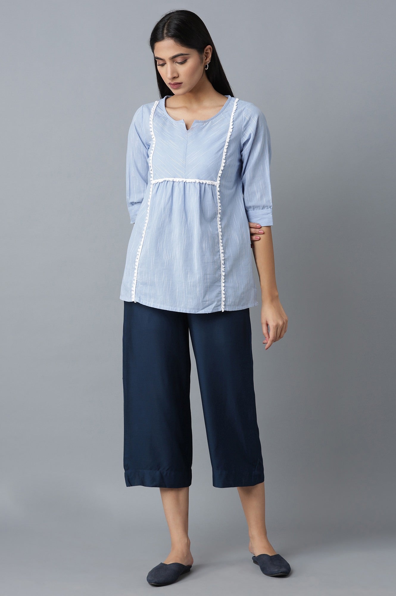 Navy Blue Solid Straight Fit Cotton Culottes With Elasticated Waist