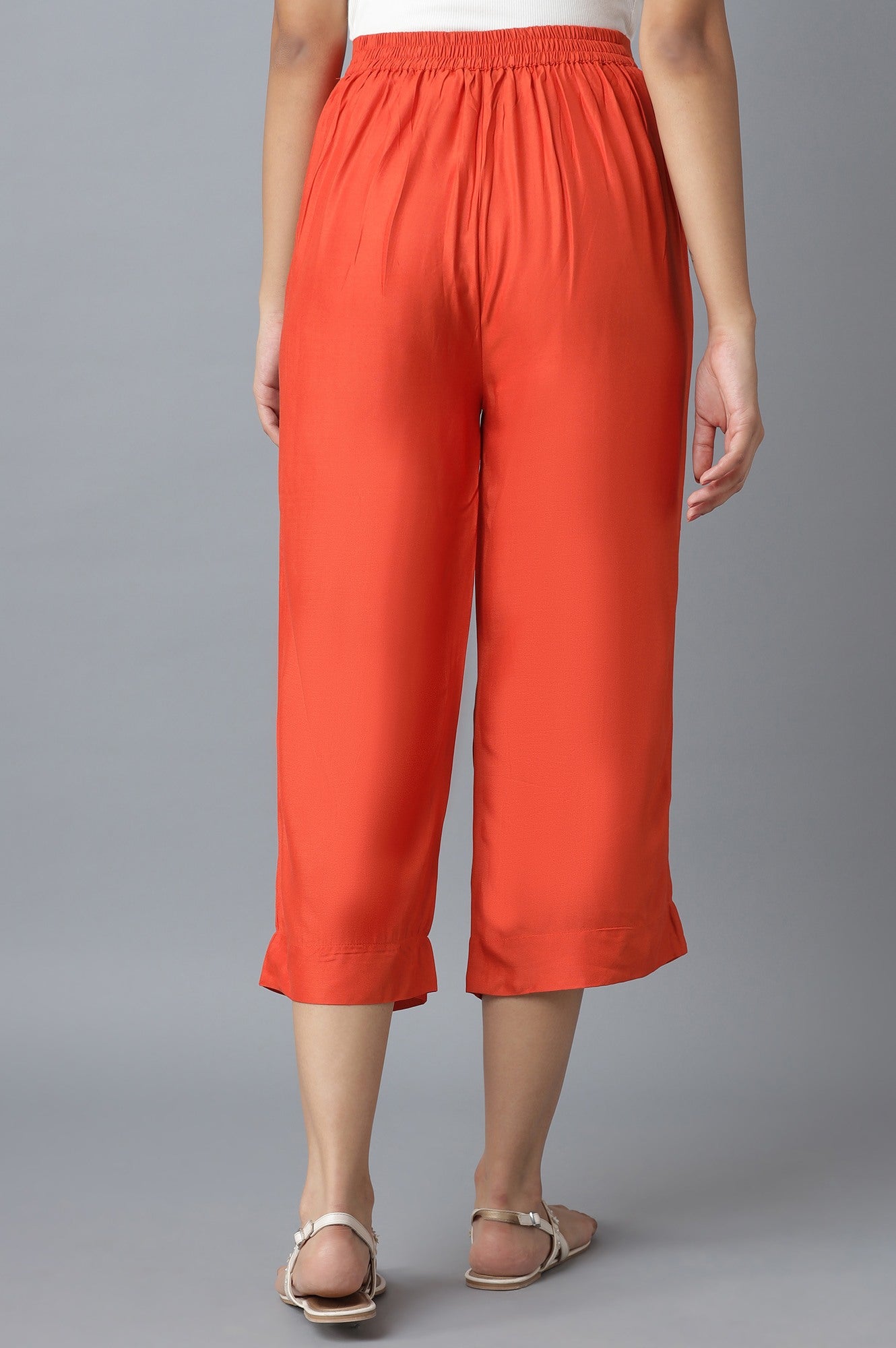Orange Solid Straight Fit Cotton Palazzo With Elasticated Waist