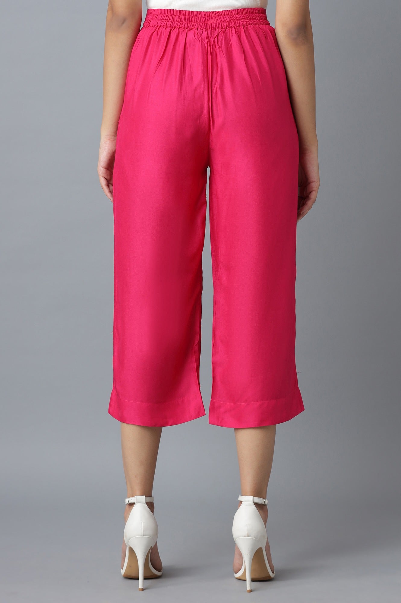 Pink Solid Straight Fit Cotton Culottes With Elasticated Waist