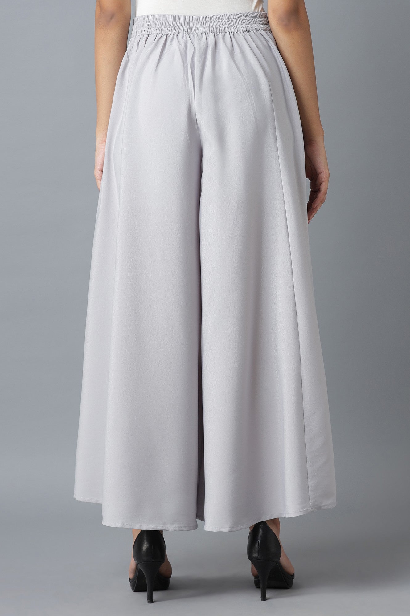 Silver Solid Flared Polyester Palazzo With Elasticated Waist