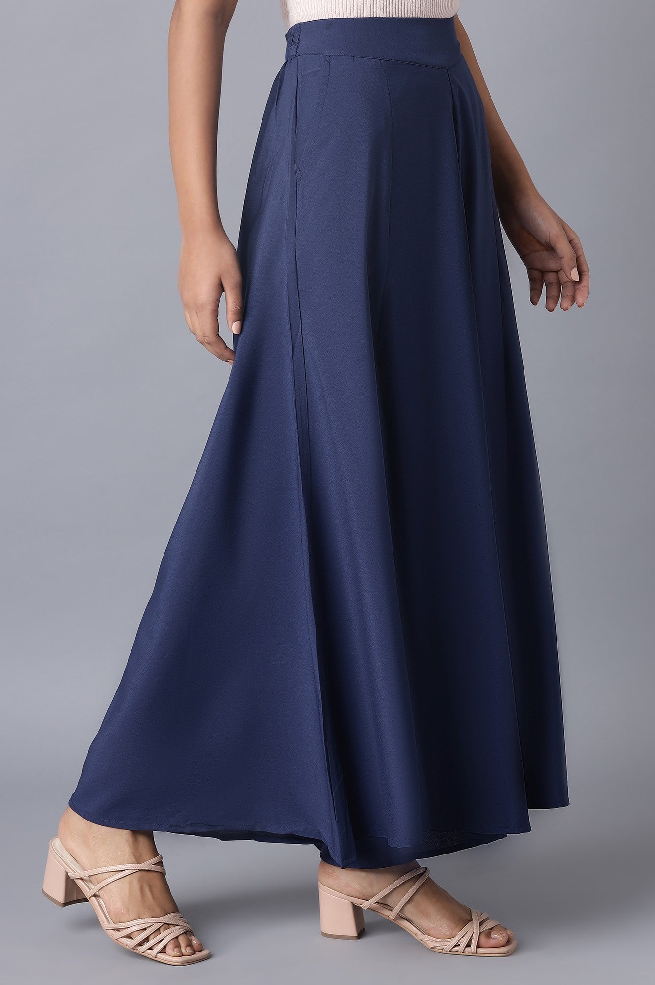 Blue Solid Flared Woven Palazzo with Elasticated Waist