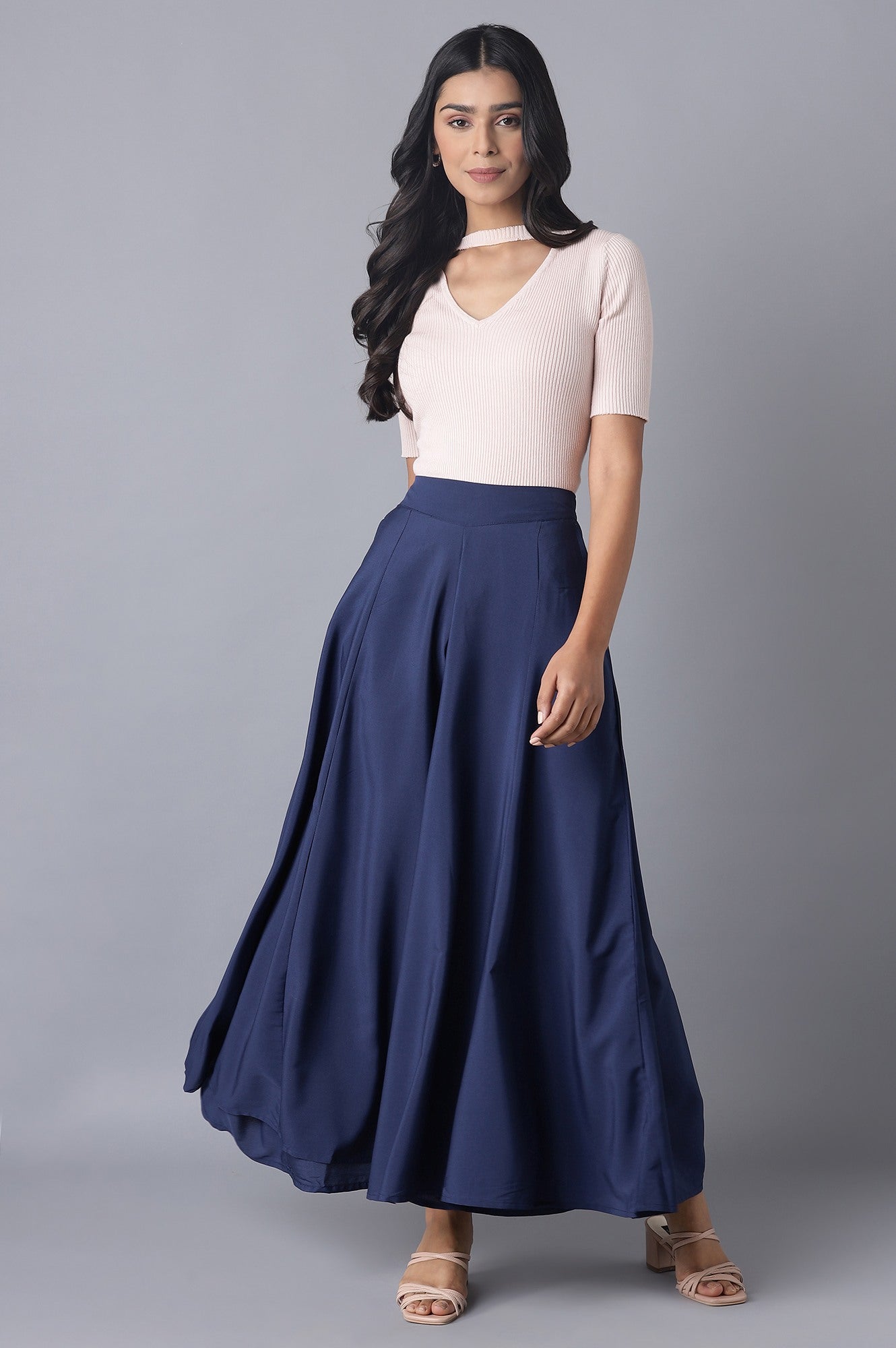 Blue Solid Flared Woven Palazzo with Elasticated Waist