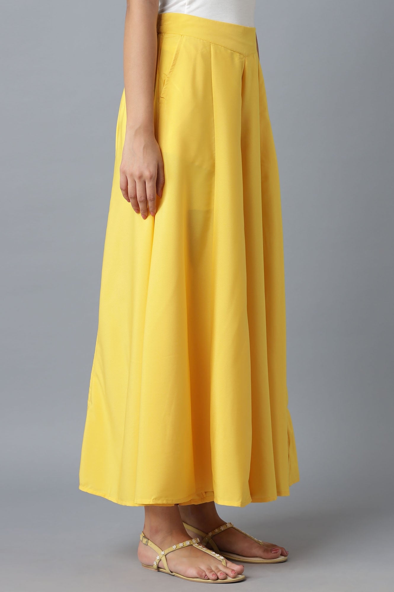 Yellow Solid Flared Cotton Palazzo With Elasticated Waist