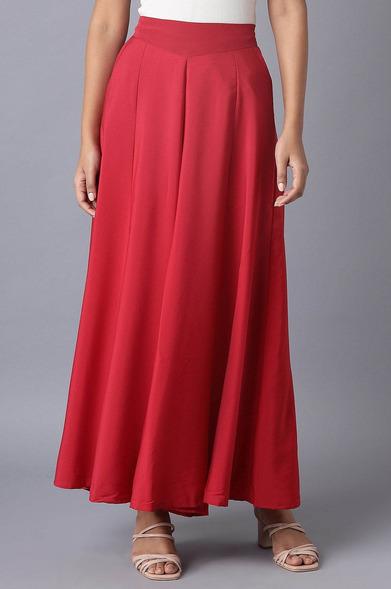 Red Solid Flared Woven Palazzo With Elasticated Waistband