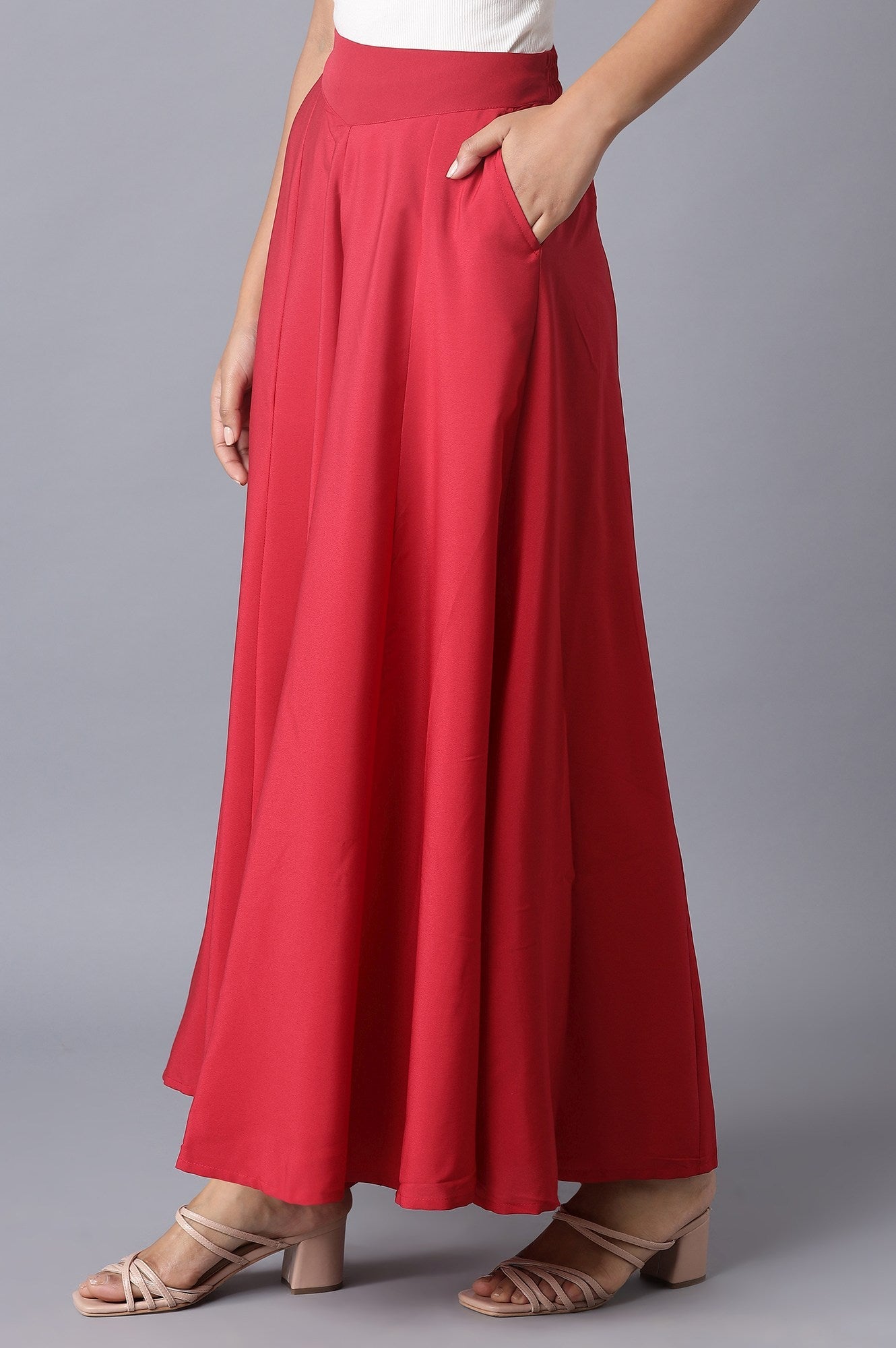 Red Solid Flared Woven Palazzo With Elasticated Waistband