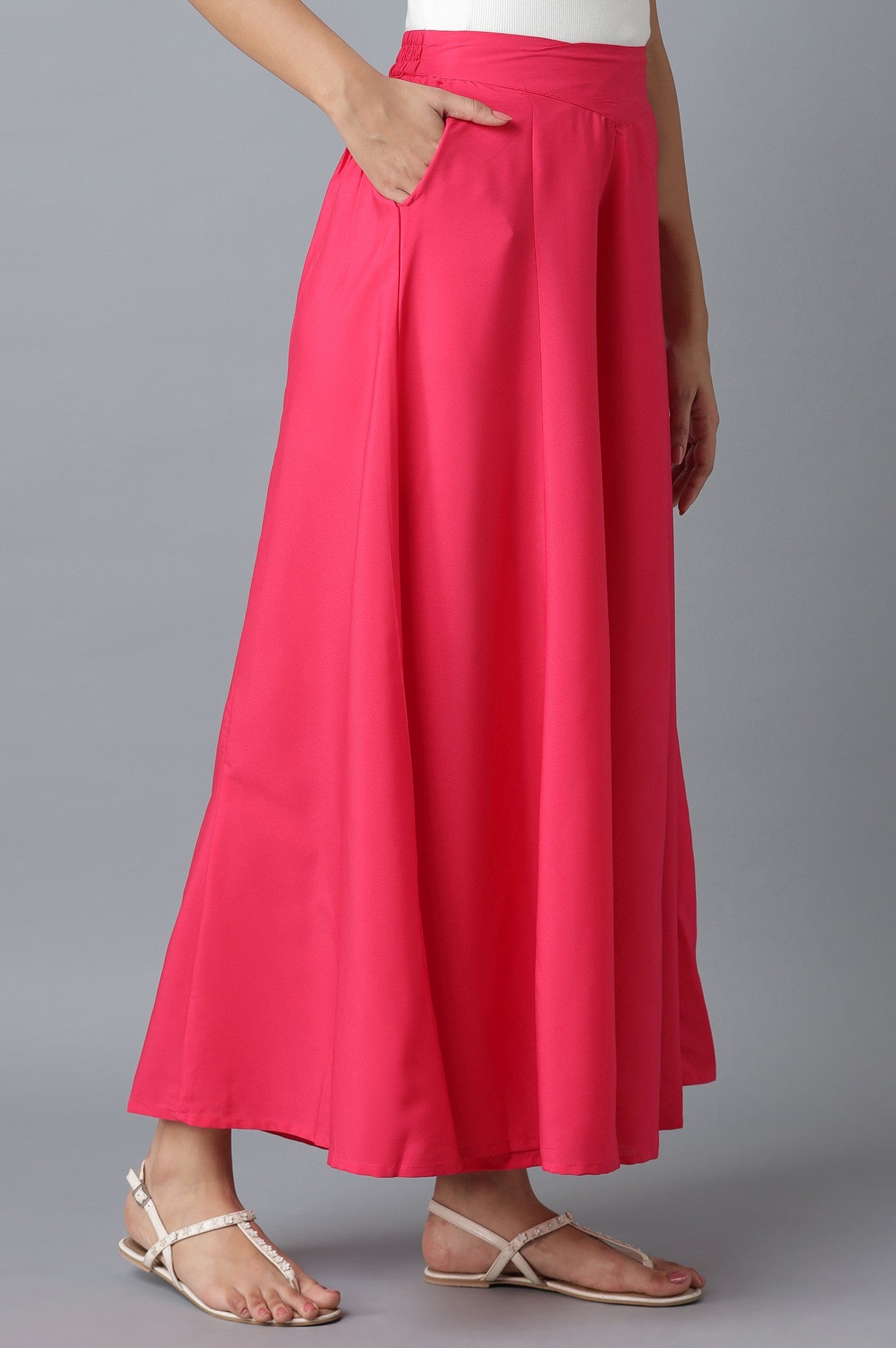 Pink Solid Flared Cotton Palazzo With Side Pockets