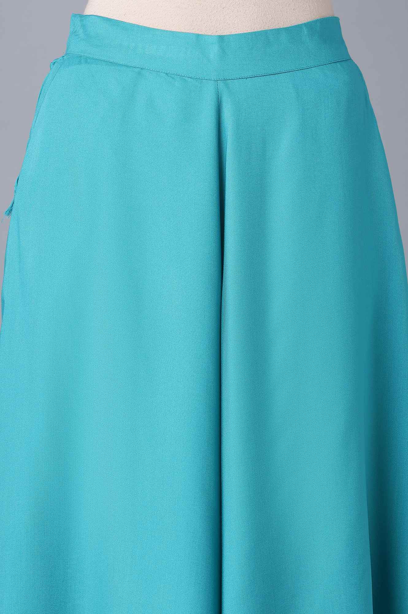 Turquoise Blue Solid Flared Cotton Culottes with Drawstring