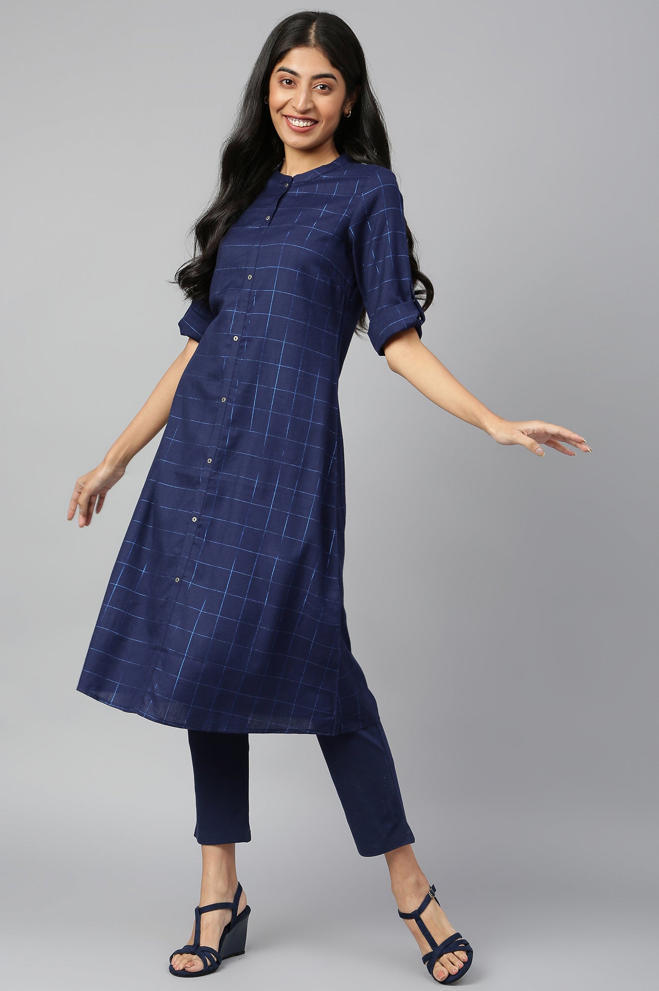 Navy Blue Solid Flared Cotton Pants With Elasticated Waist