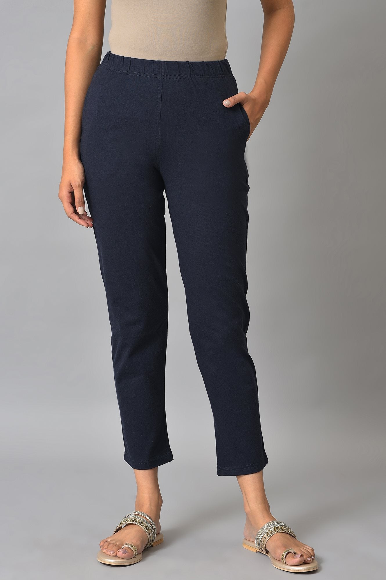 Navy Blue Solid Flared Cotton Pants With Elasticated Waist