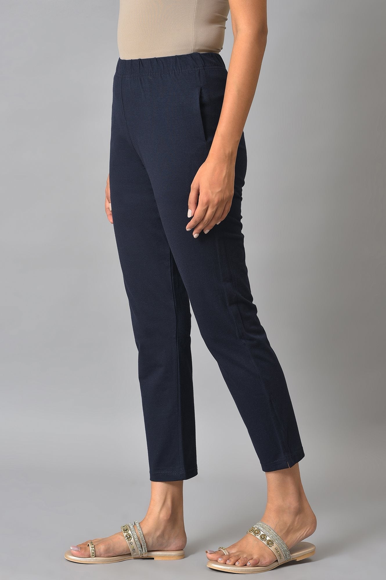 Navy Blue Solid Flared Cotton Pants With Elasticated Waist