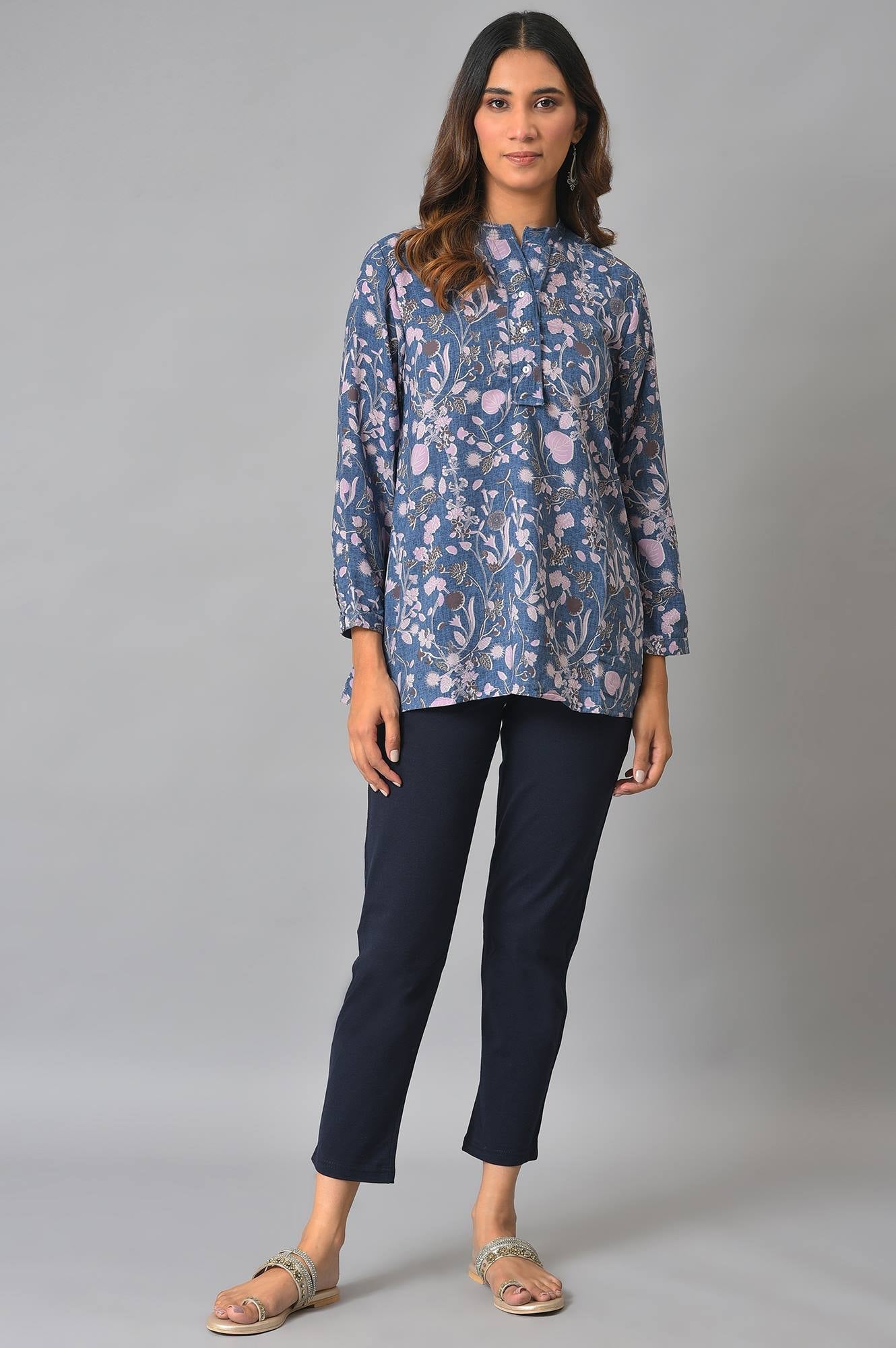 Navy Blue Solid Flared Cotton Pants With Elasticated Waist