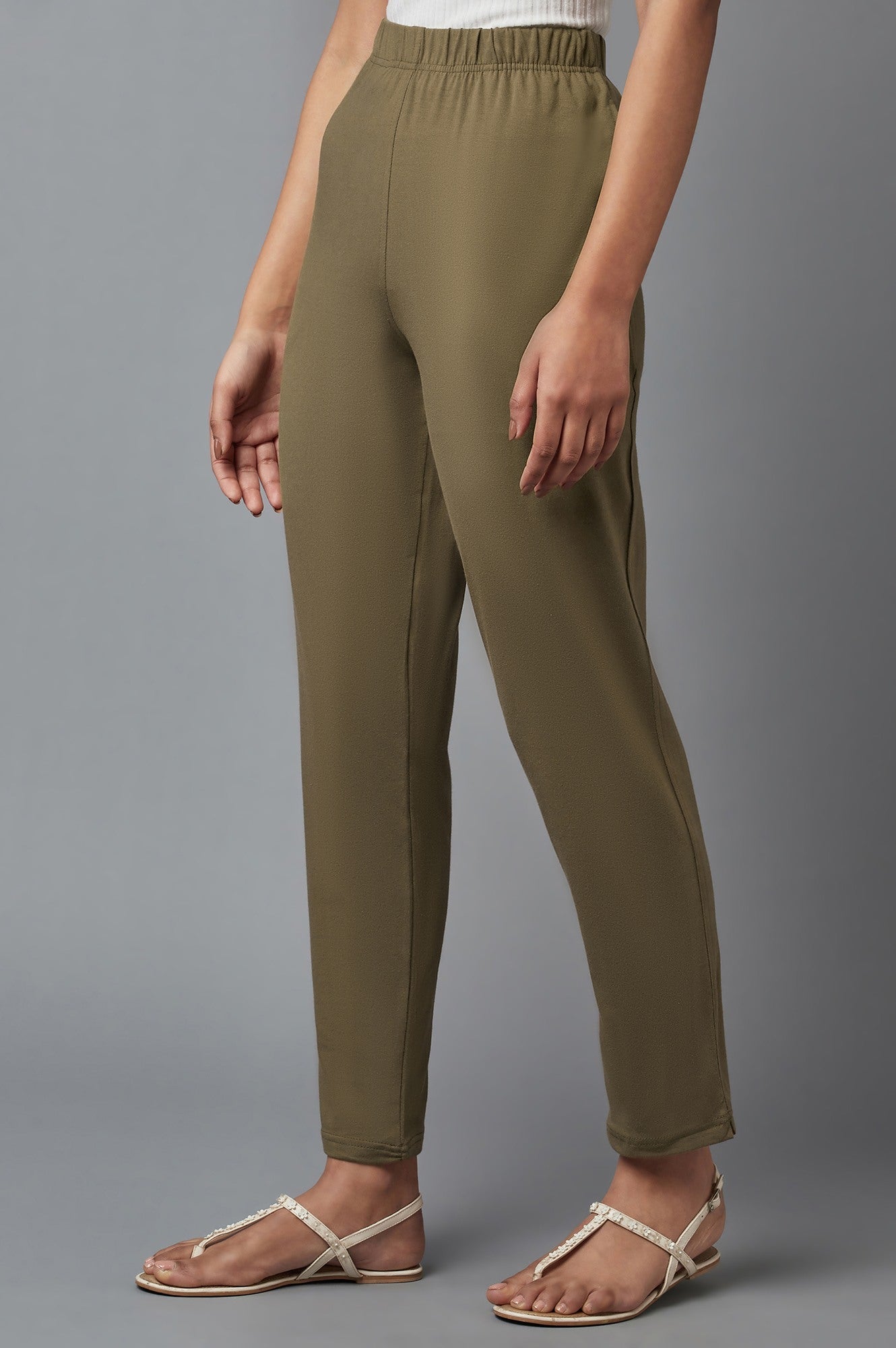 Olive Solid Straight-fit Cotton Pants with Elasticated Waist