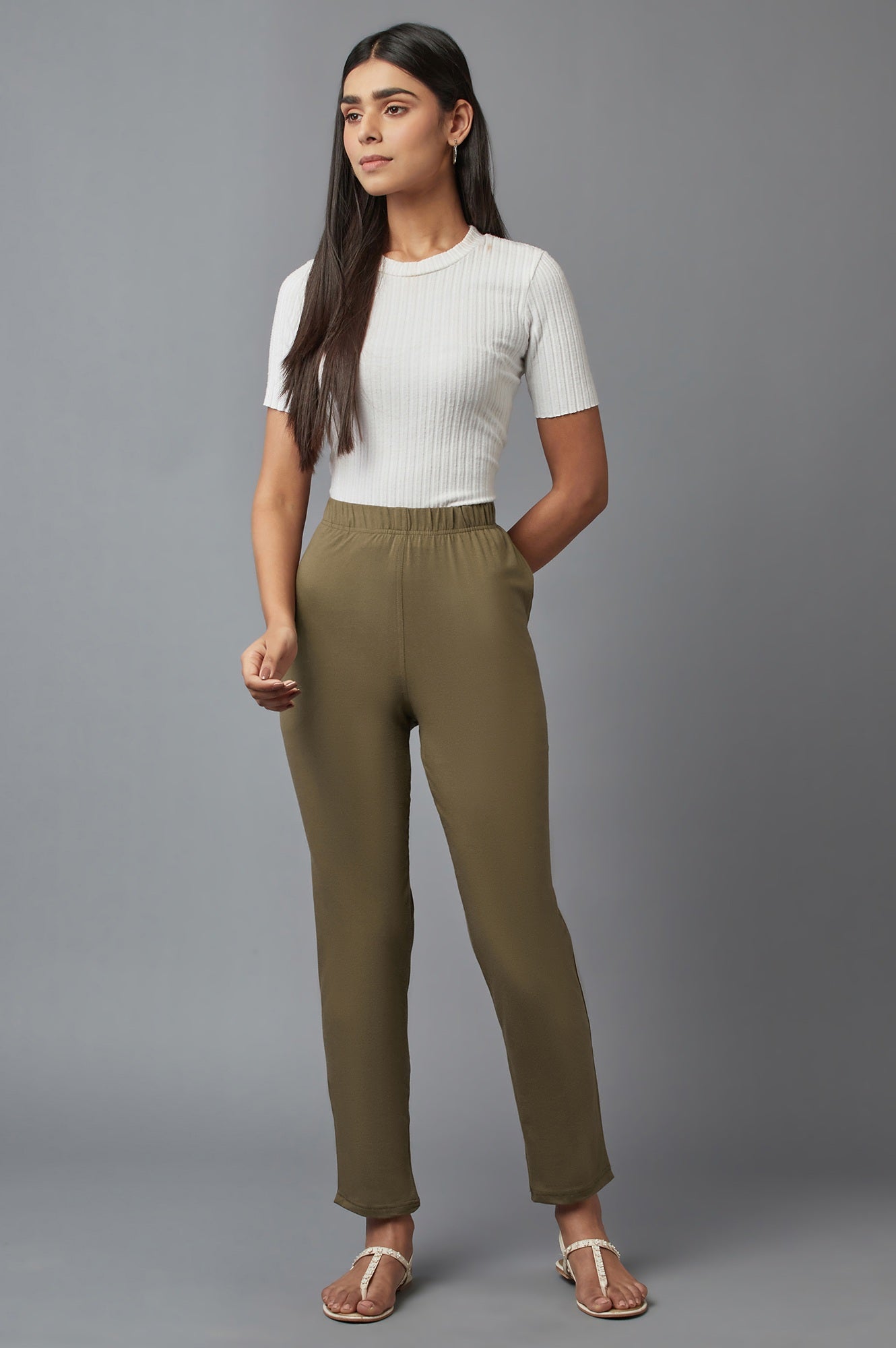Olive Solid Straight-fit Cotton Pants with Elasticated Waist
